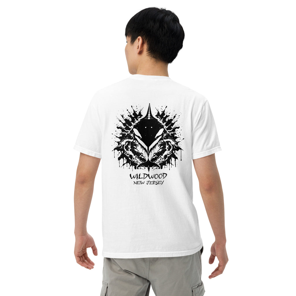 Rorschach Series Orca garment-dyed heavyweight tee third back view in white featuring black Rorschach ink-blot orca design with "Wildwood New Jersey" text – 17th & Surf