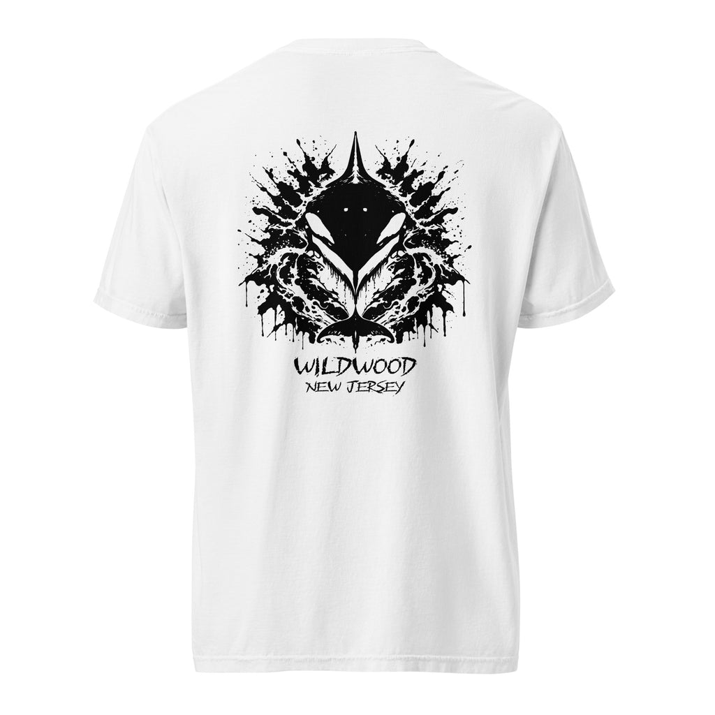 Rorschach Series Orca garment-dyed heavyweight tee back view in white featuring black Rorschach ink-blot orca design with "Wildwood New Jersey" text – 17th & Surf