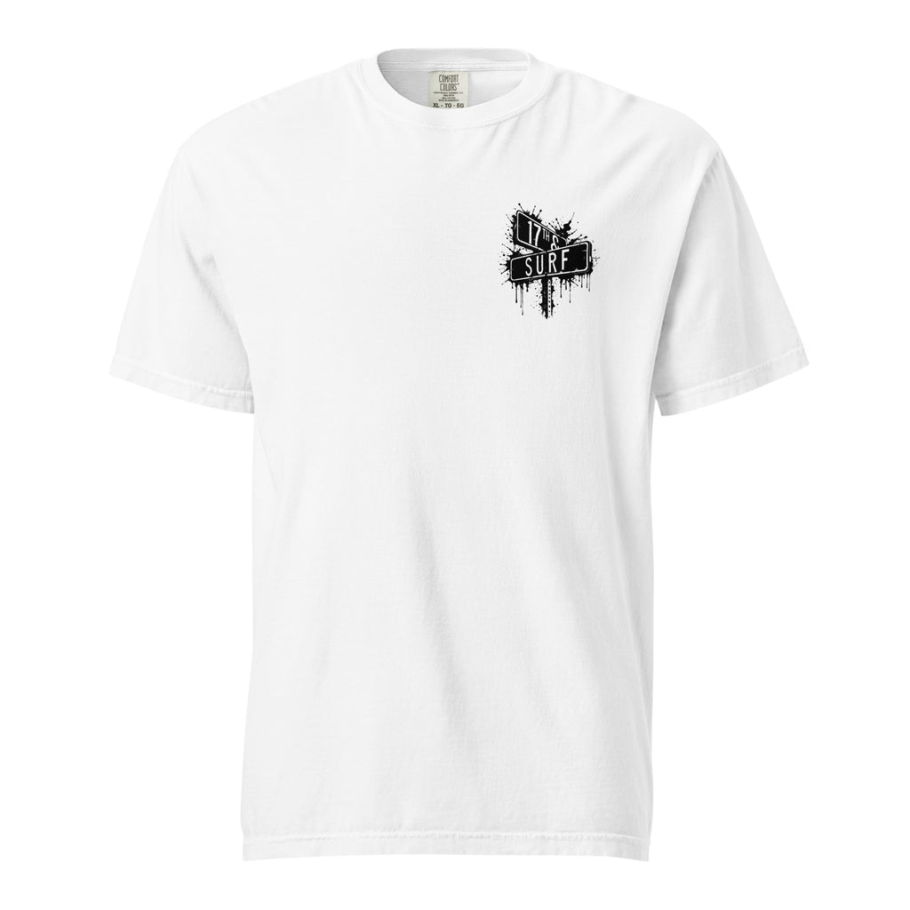 Rorschach Series Orca garment-dyed heavyweight tee front view in white showing small "17th & Surf" street sign chest logo – 17th & Surf