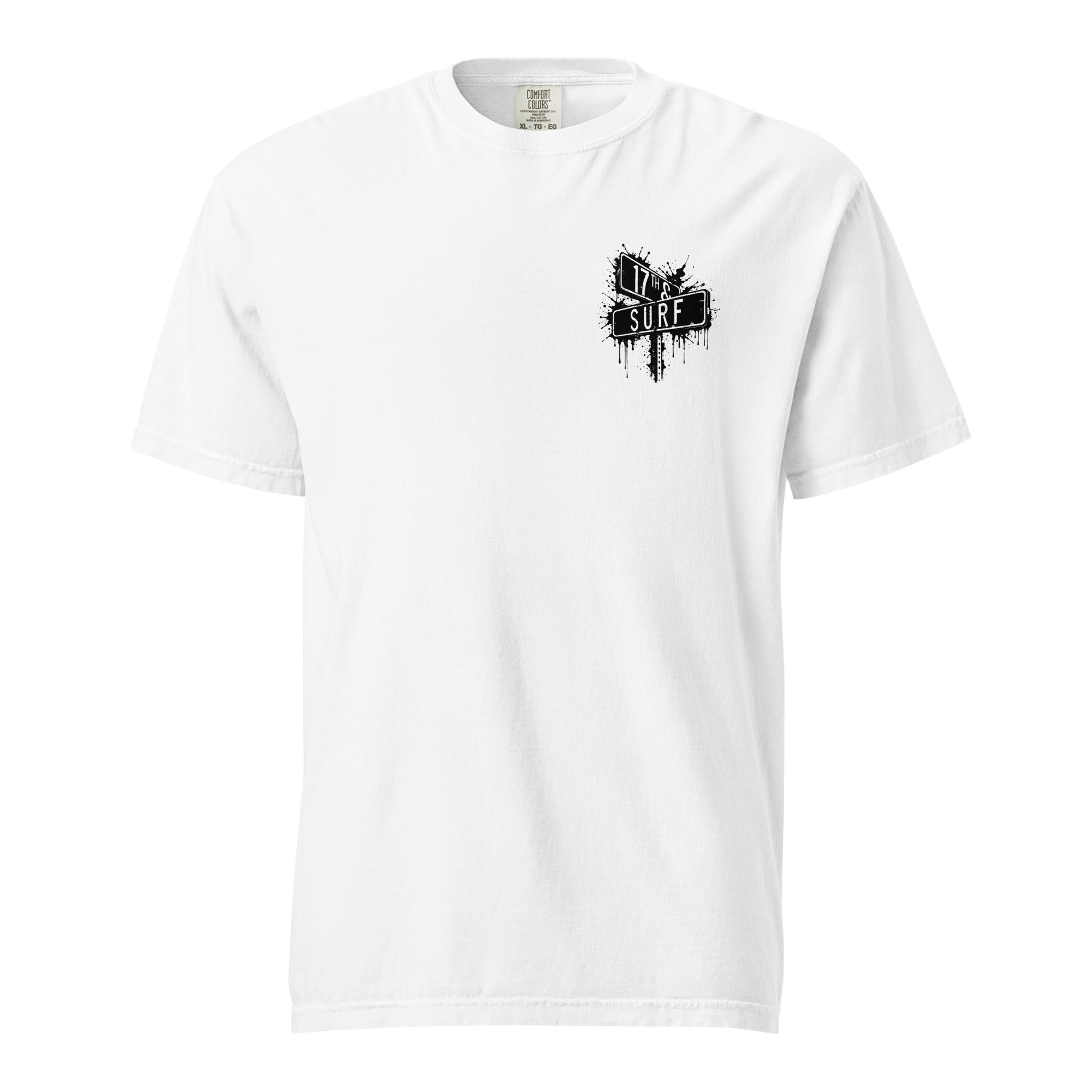 Rorschach Series Orca garment-dyed heavyweight tee front view in white showing small "17th & Surf" street sign chest logo – 17th & Surf