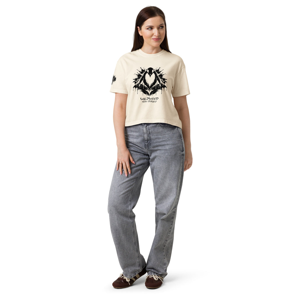 Rorschach Series Penguin women's heavyweight boxy tee front view on model in ivory featuring black Rorschach ink-blot penguin design with "Wildwood New Jersey" text – 17th & Surf