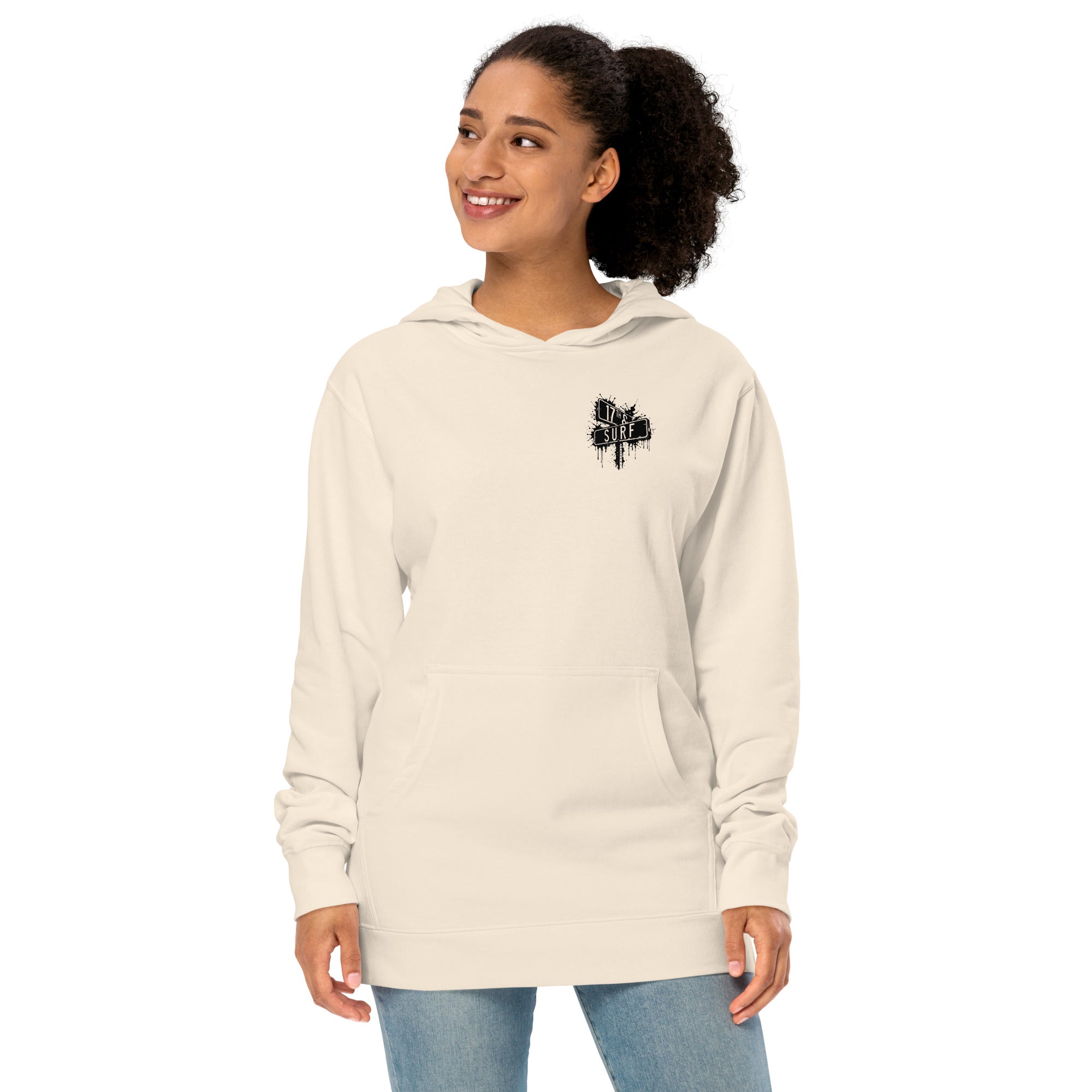 Rorschach Series Penguin garment-dyed heavyweight hoodie front view on female model in bone showing small "17th & Surf" street sign chest logo – 17th & Surf