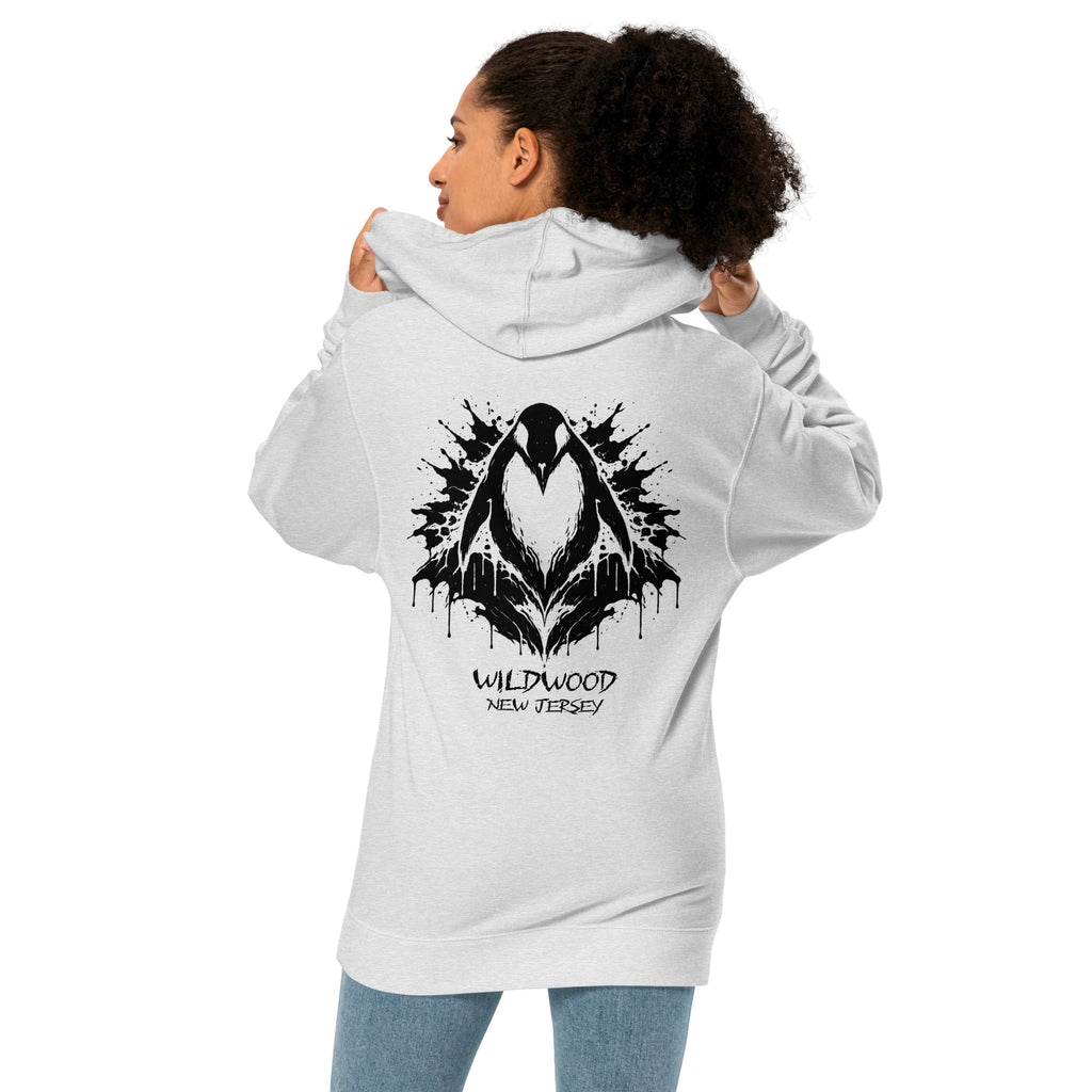 Rorschach Series Penguin garment-dyed heavyweight hoodie back view on female model in heather grey featuring black Rorschach ink-blot penguin design with "Wildwood New Jersey" text – 17th & Surf