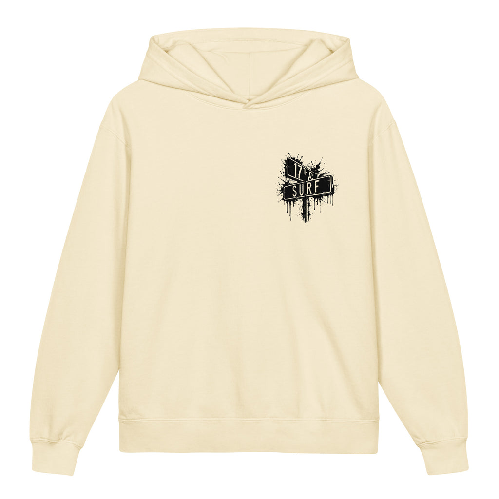 Rorschach Series Penguin kid's garment-dyed hoodie front view in ivory showing small "17th & Surf" street sign chest logo – 17th & Surf