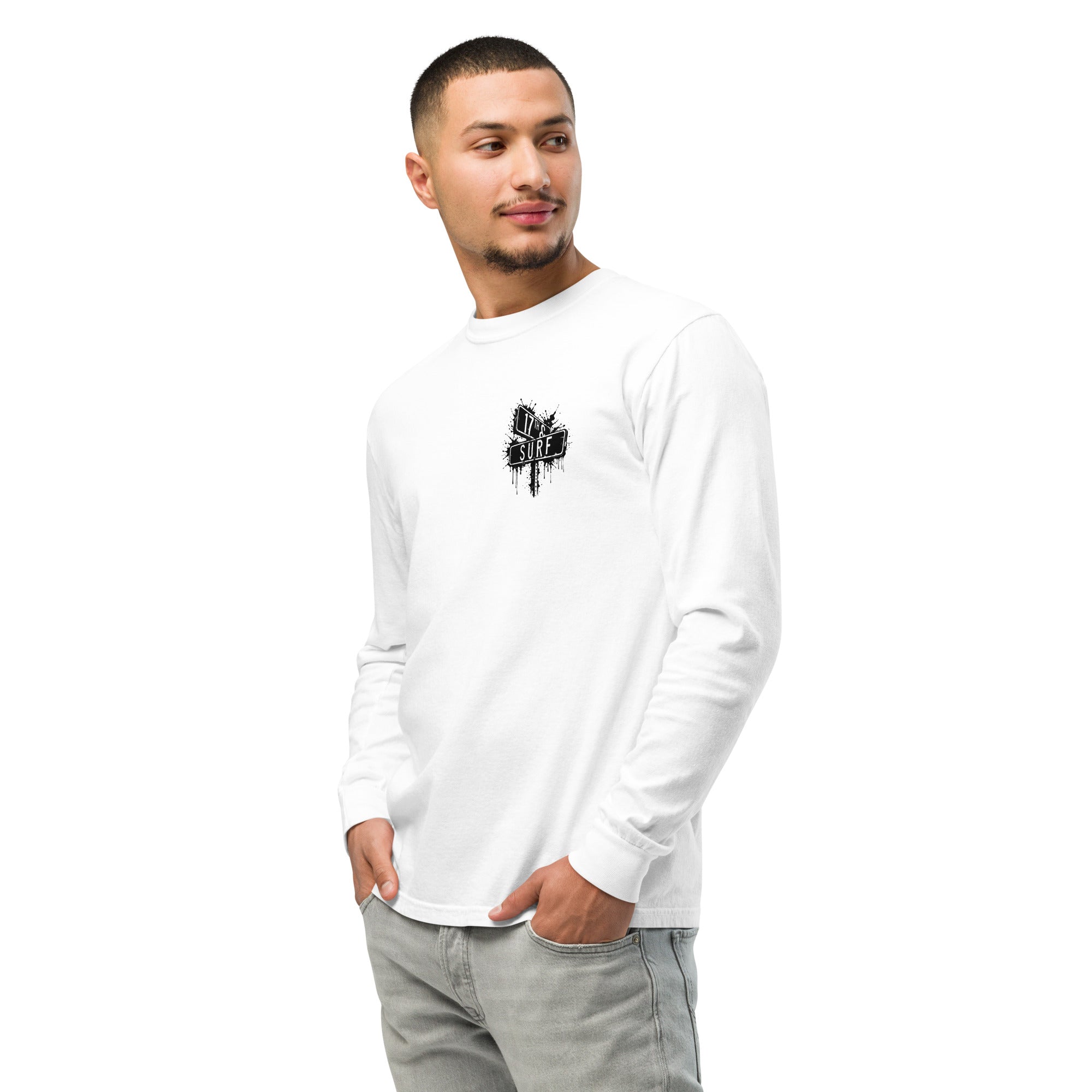 Rorschach Series Penguin garment-dyed heavyweight long sleeve front view on model in white showing small "17th & Surf" street sign chest logo – 17th & Surf