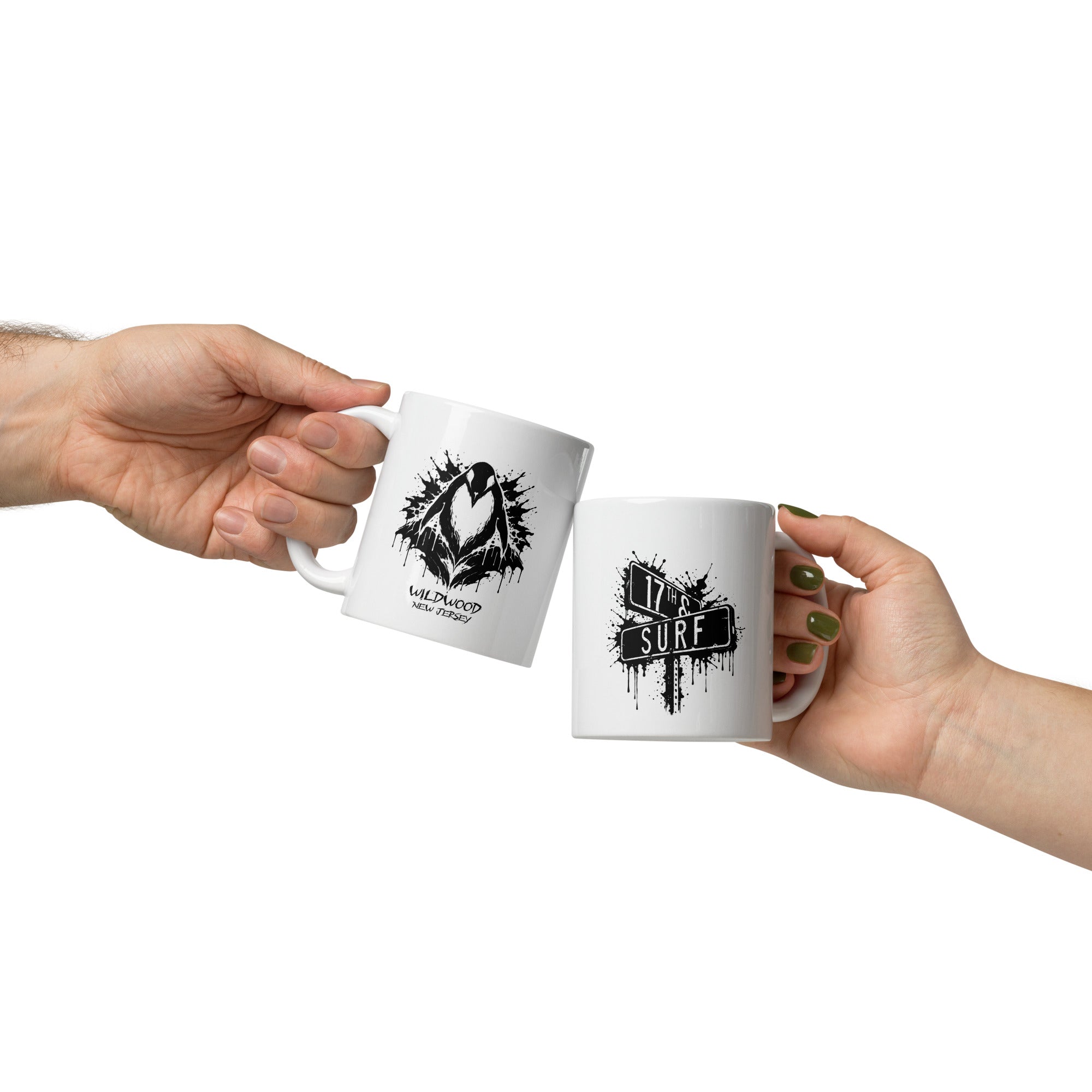 Rorschach Series Penguin 11oz ceramic mugs clinking together showing both the black Rorschach ink-blot penguin "Wildwood New Jersey" design and "17th & Surf" street sign design – 17th & Surf