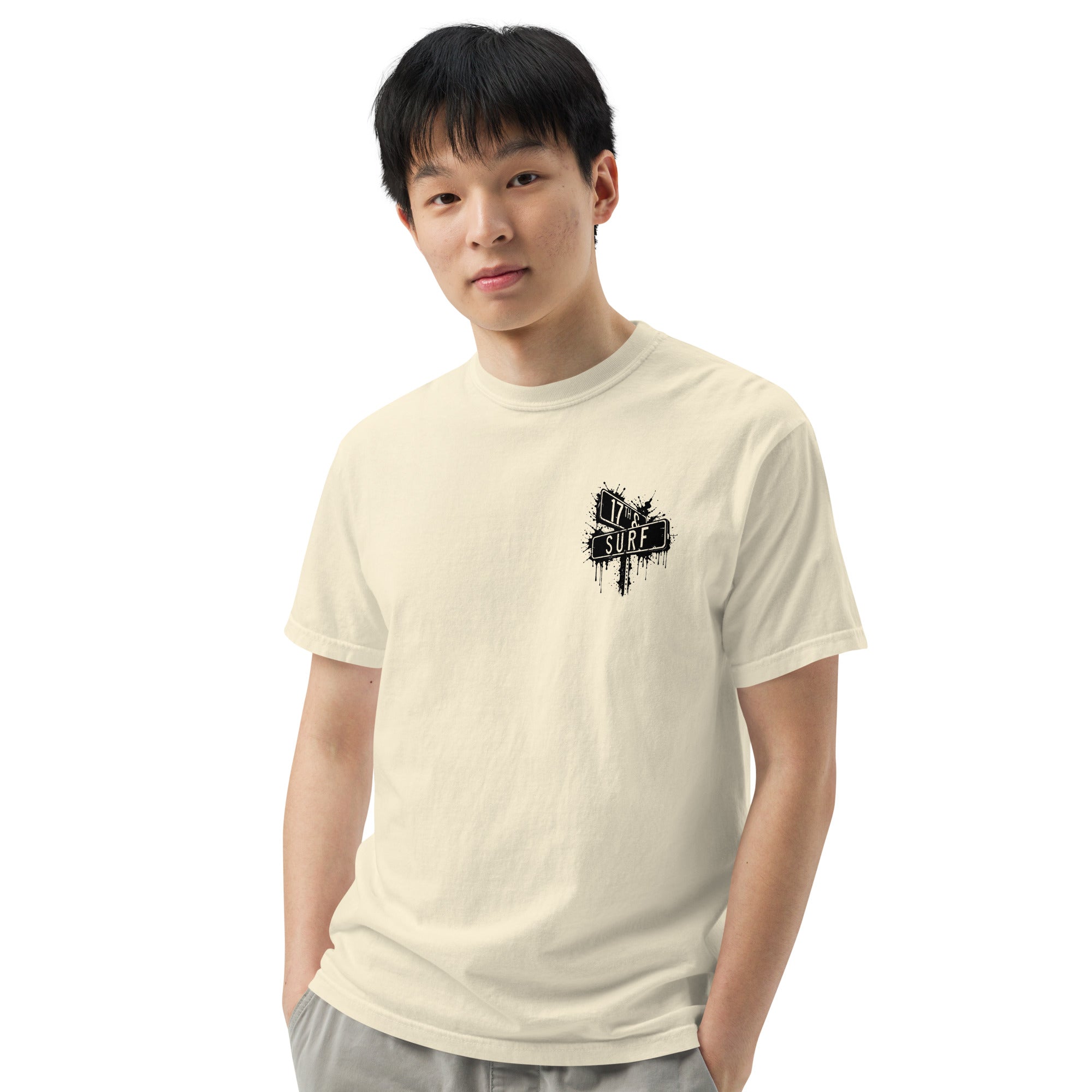 Rorschach Series Penguin garment-dyed heavyweight tee front view on male model in ivory showing small "17th & Surf" street sign chest logo – 17th & Surf