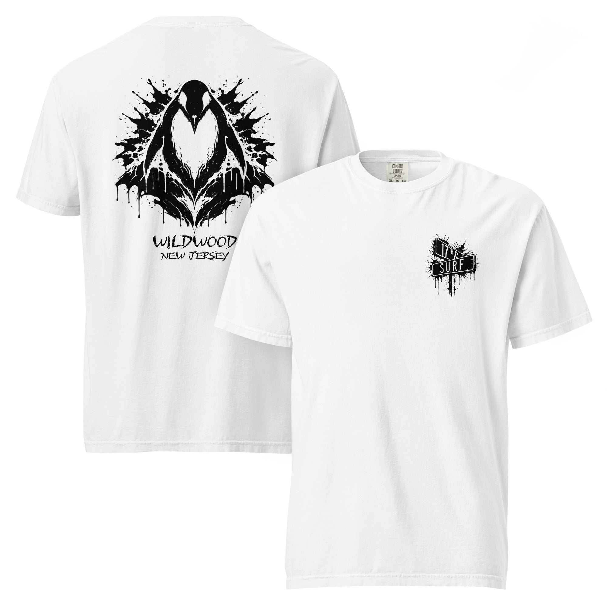 Rorschach Series Penguin garment-dyed heavyweight tee flat lay in white showing both the black Rorschach ink-blot penguin "Wildwood New Jersey" back design and "17th & Surf" street sign front logo – 17th & Surf