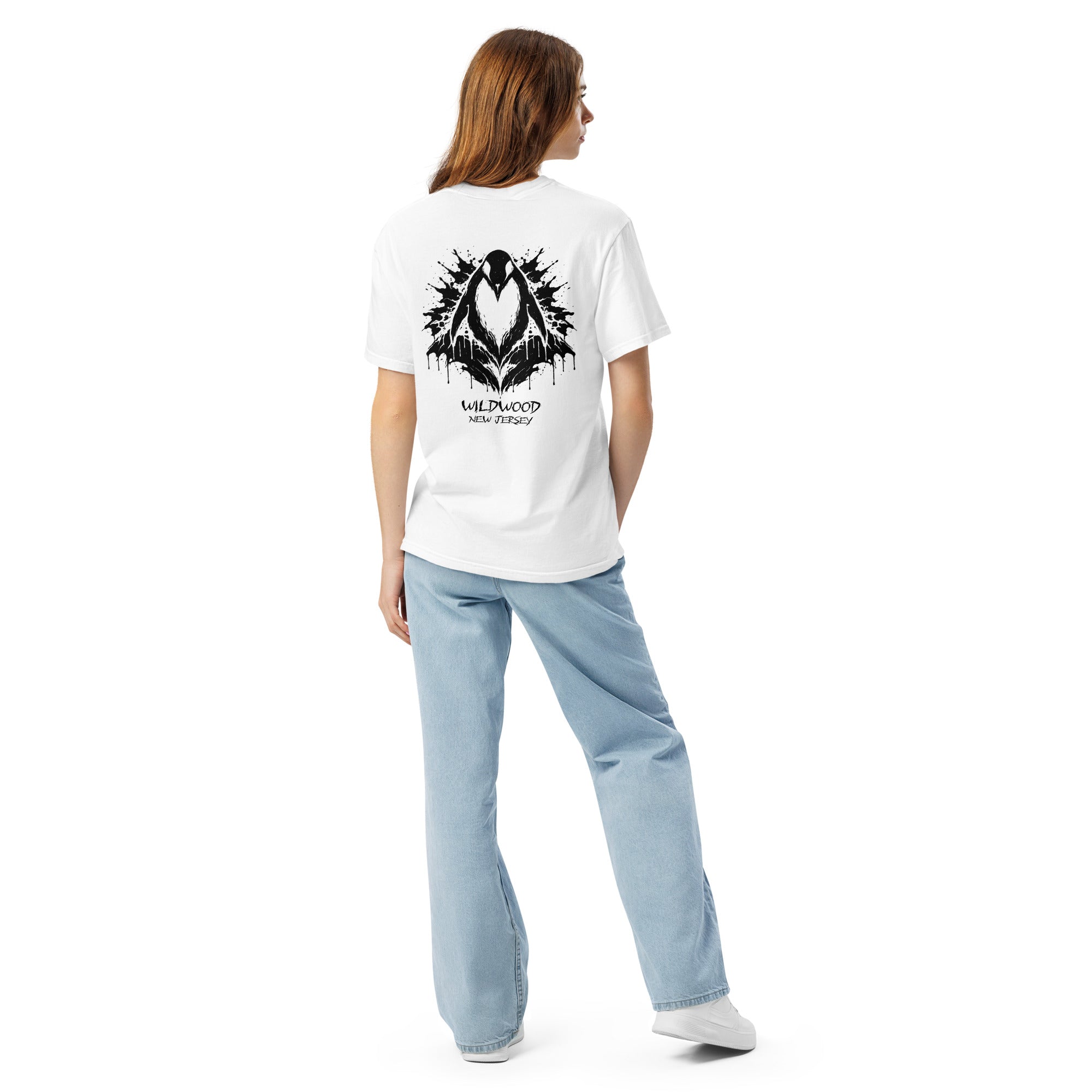 Rorschach Series Penguin garment-dyed heavyweight tee back view on female model in white featuring black Rorschach ink-blot penguin design with "Wildwood New Jersey" text – 17th & Surf