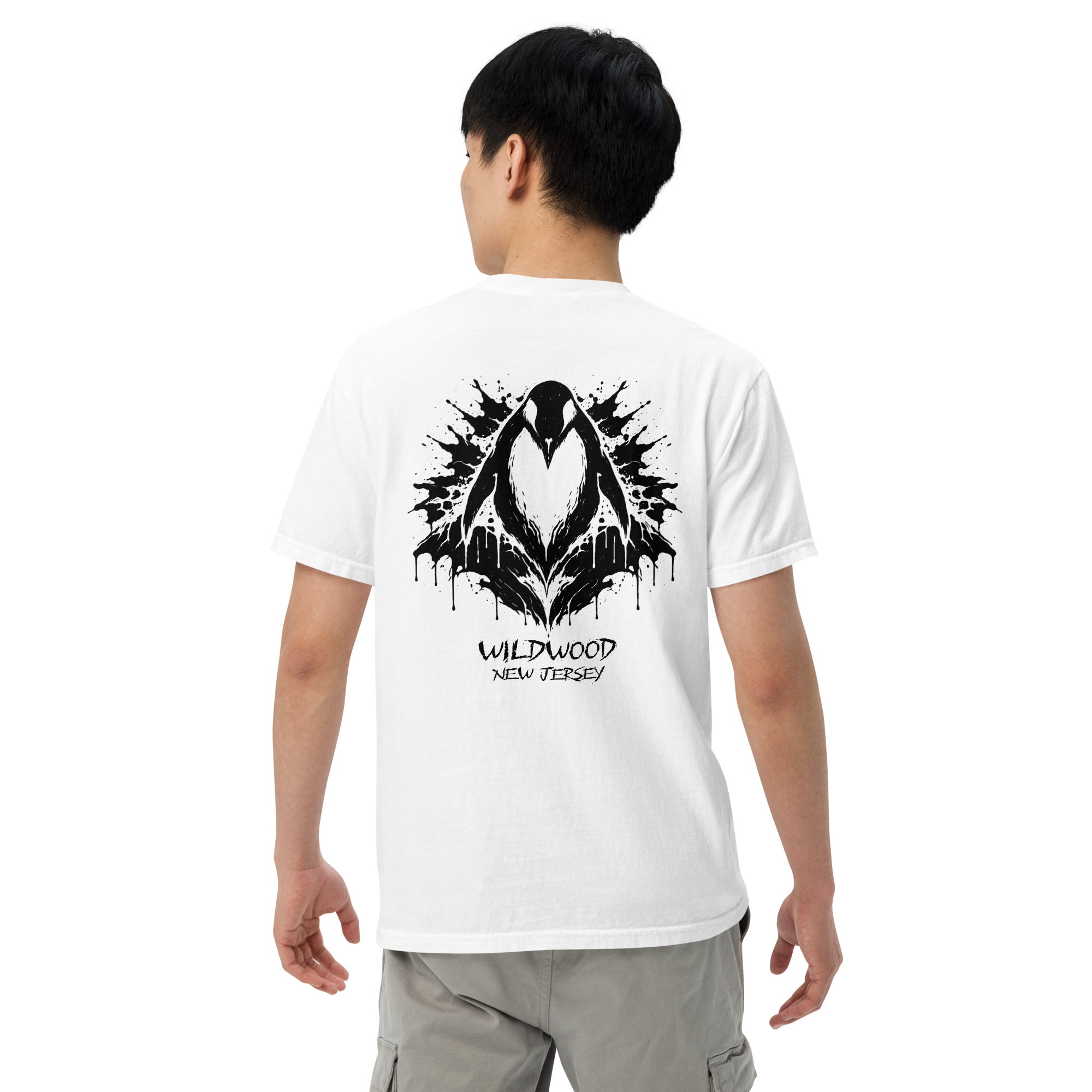 Rorschach Series Penguin garment-dyed heavyweight tee back view on male model in white featuring black Rorschach ink-blot penguin design with "Wildwood New Jersey" text – 17th & Surf