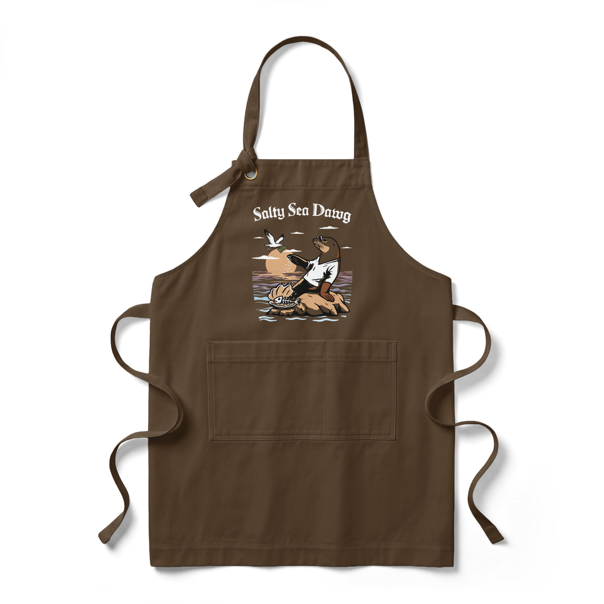 "Salty Sea Dawg" brown heavy duty cotton twill chef apron, front view, featuring a laid-back sea lion on a rock sprinkling salt into a dish with "TOO SALTY" attitude – 17th & Surf