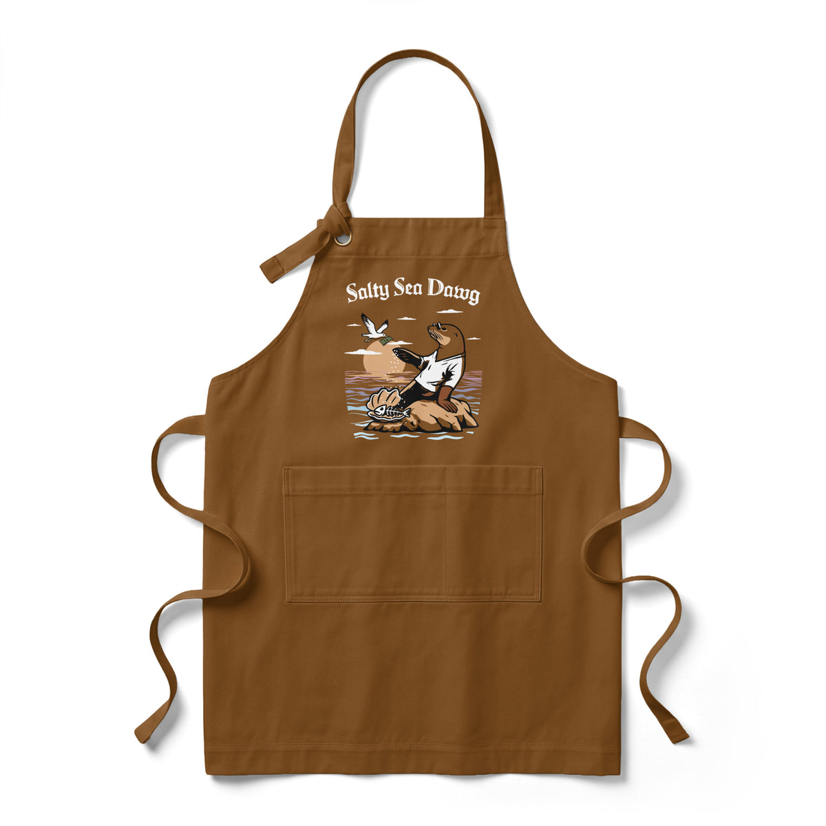 "Salty Sea Dawg" duck brown heavy duty cotton twill chef apron, front view, featuring a laid-back sea lion on a rock sprinkling salt into a dish with "TOO SALTY" attitude – 17th & Surf