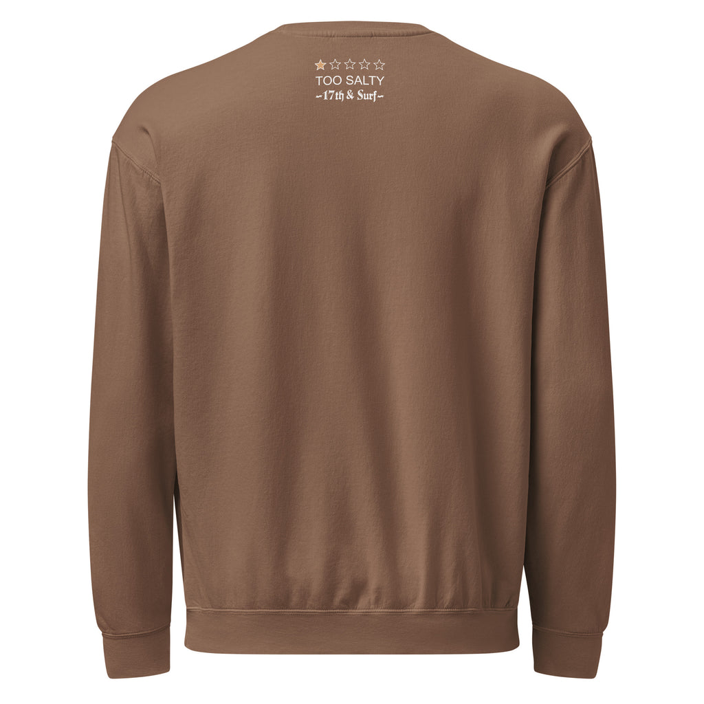 Model wearing "Salty Sea Dawg" lightweight crewneck sweatshirt in espresso, back view with "TOO SALTY" one-star rating and "17th & Surf" wordmark below the collar – 17th & Surf