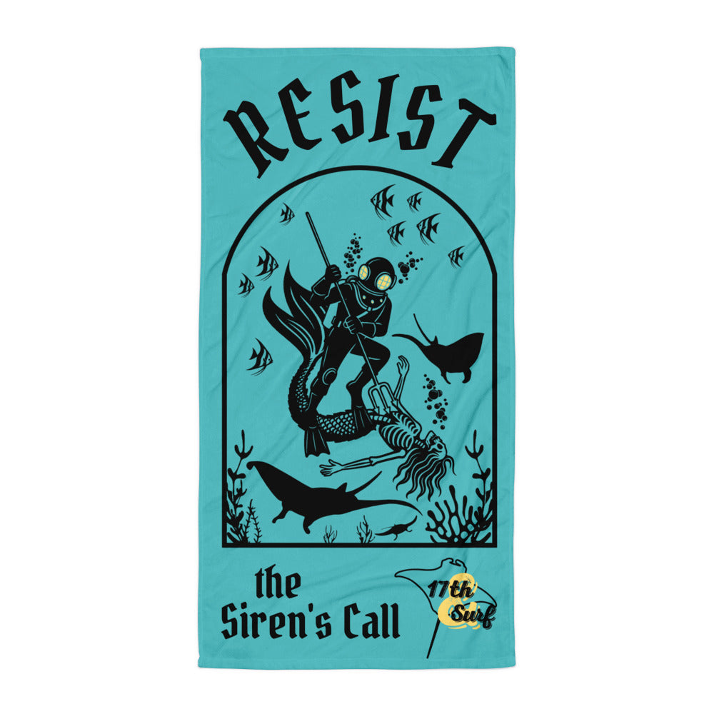 "Resist The Siren's Call" beach towel in teal, flat lay featuring black-print arched graphic of a deep-sea diver spearing a mermaid skeleton surrounded by fish and manta rays with "Resist...the Siren's Call" lettering and yellow "17th & Surf" manta ray logo – 17th & Surf