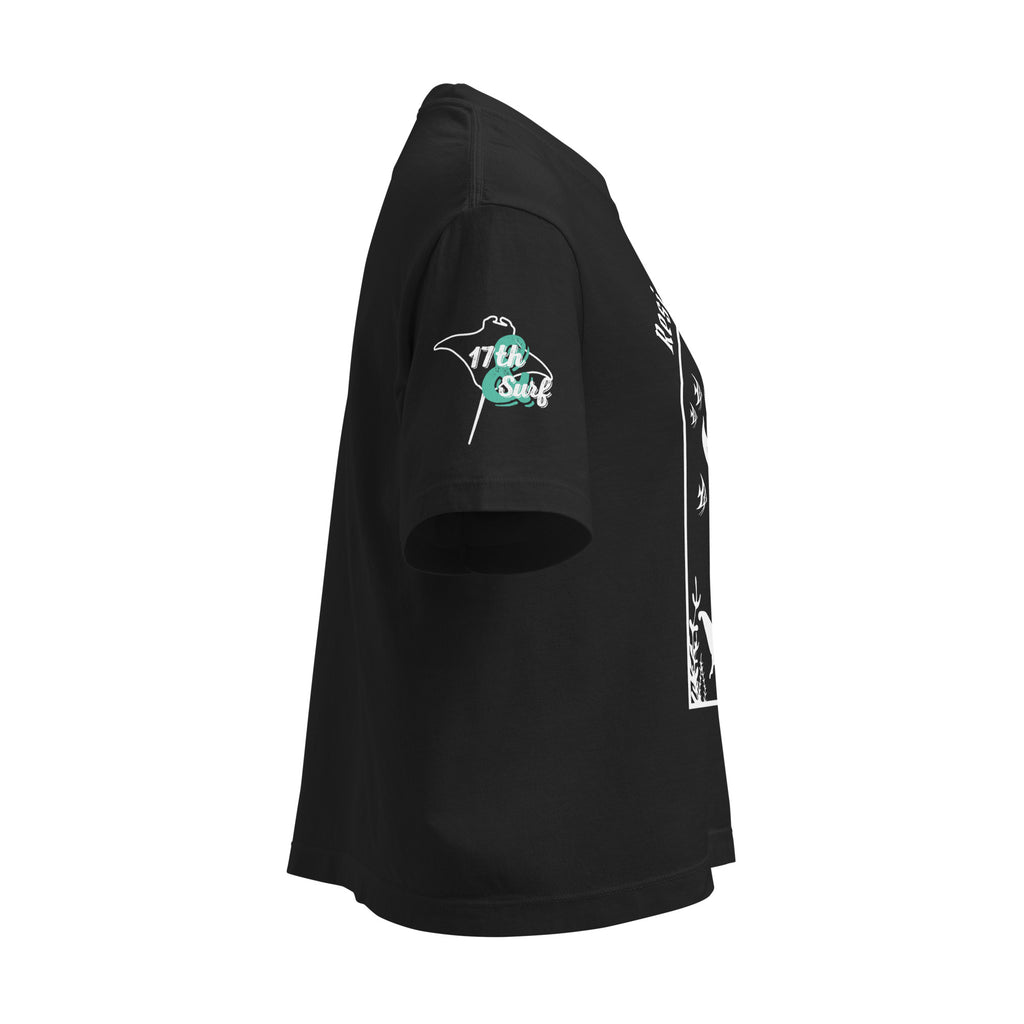 "Resist The Siren's Call" women's heavyweight boxy t-shirt right sleeve view in black featuring teal and cream "17th & Surf" manta ray logo – 17th & Surf
