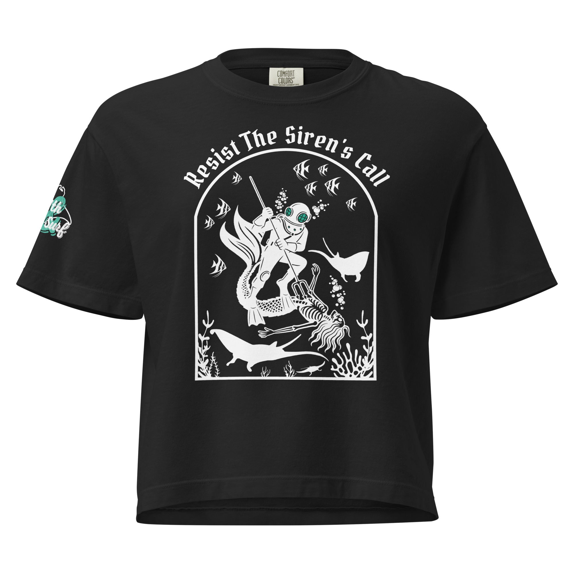 "Resist The Siren's Call" women's heavyweight boxy t-shirt front view in black featuring white-print arched graphic of a deep-sea diver spearing a mermaid skeleton surrounded by tropical fish and manta rays – 17th & Surf