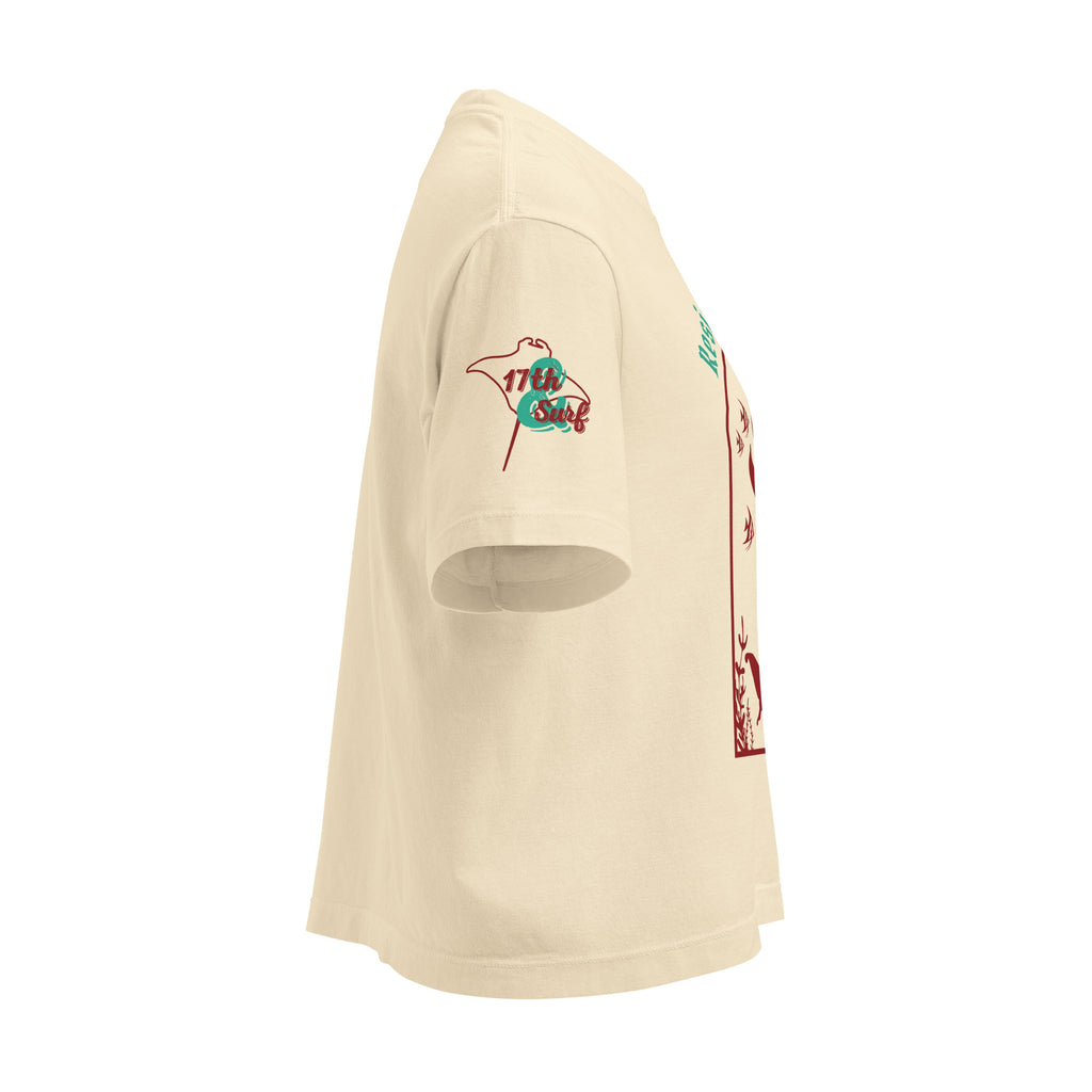 "Resist The Siren's Call" women's heavyweight boxy t-shirt right sleeve view in ivory featuring maroon and teal "17th & Surf" manta ray logo – 17th & Surf