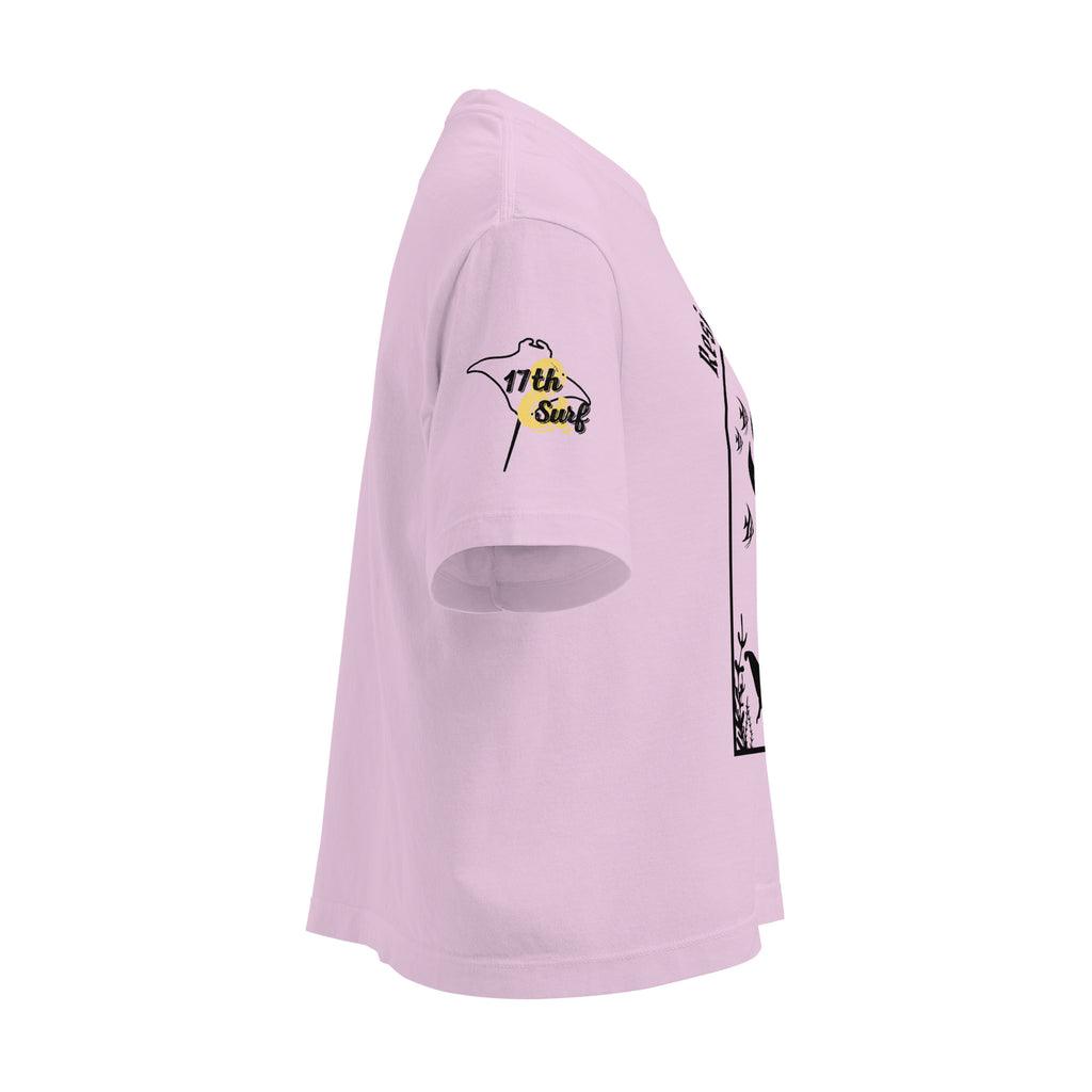 "Resist The Siren's Call" women's heavyweight boxy t-shirt right sleeve view in orchid pink featuring black and yellow "17th & Surf" manta ray logo – 17th & Surf