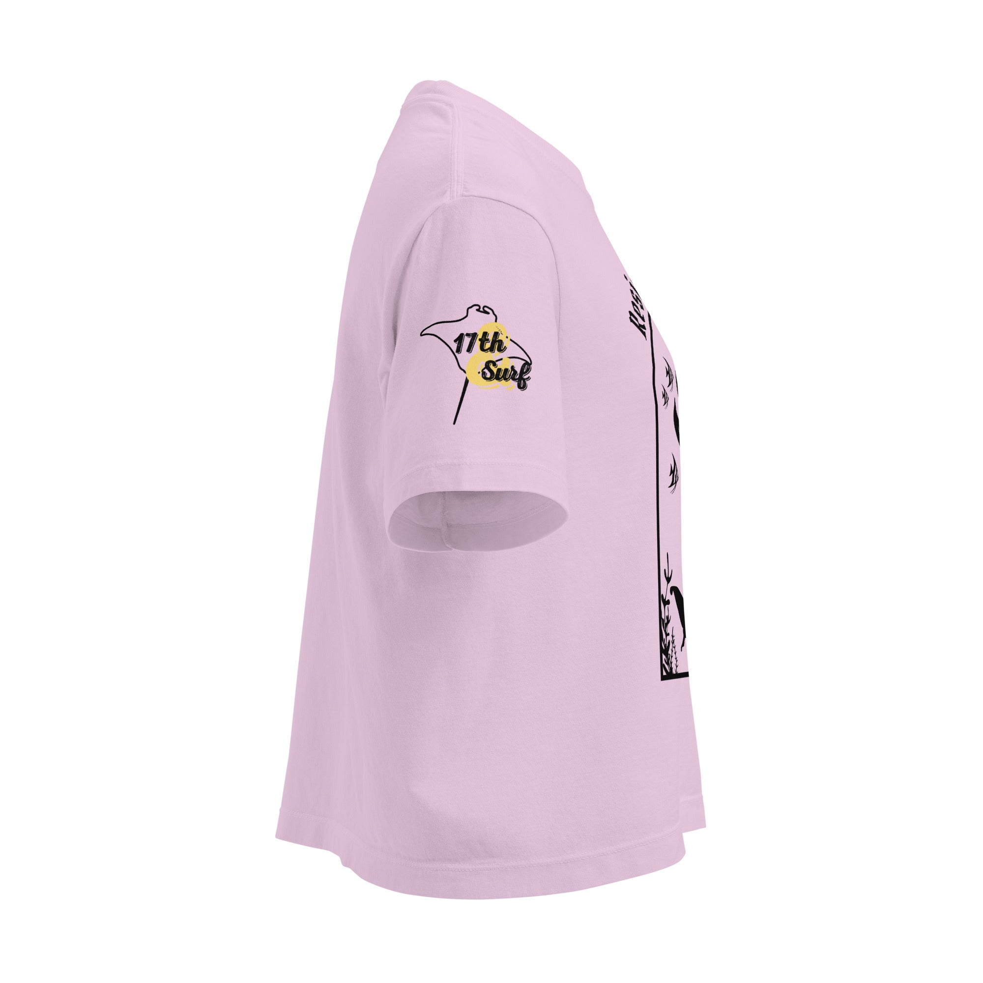 "Resist The Siren's Call" women's heavyweight boxy t-shirt right sleeve view in orchid pink featuring black and yellow "17th & Surf" manta ray logo – 17th & Surf