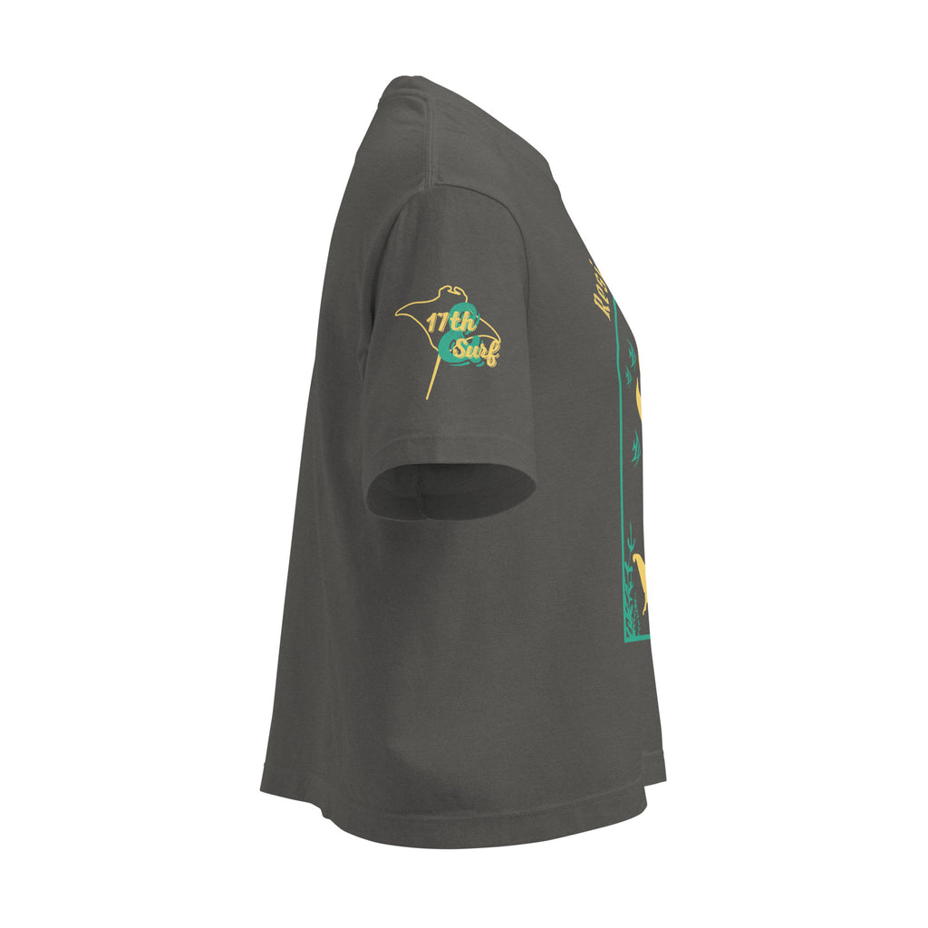 "Resist The Siren's Call" women's heavyweight boxy t-shirt right sleeve view in pepper gray featuring yellow and teal "17th & Surf" manta ray logo – 17th & Surf