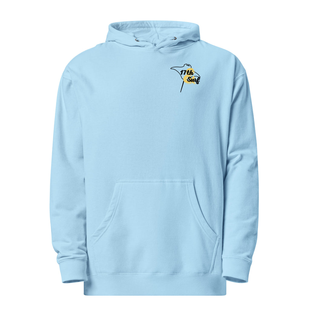 "Resist The Siren's Call" garment-dyed heavyweight hoodie in light blue, front flat lay with black and yellow "17th & Surf" manta ray chest logo – 17th & Surf