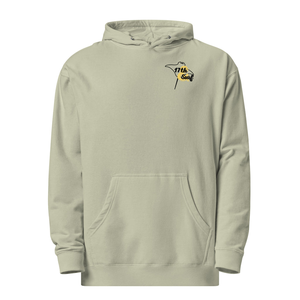 "Resist The Siren's Call" garment-dyed heavyweight hoodie in dusty sage, front flat lay with black and yellow "17th & Surf" manta ray chest logo – 17th & Surf