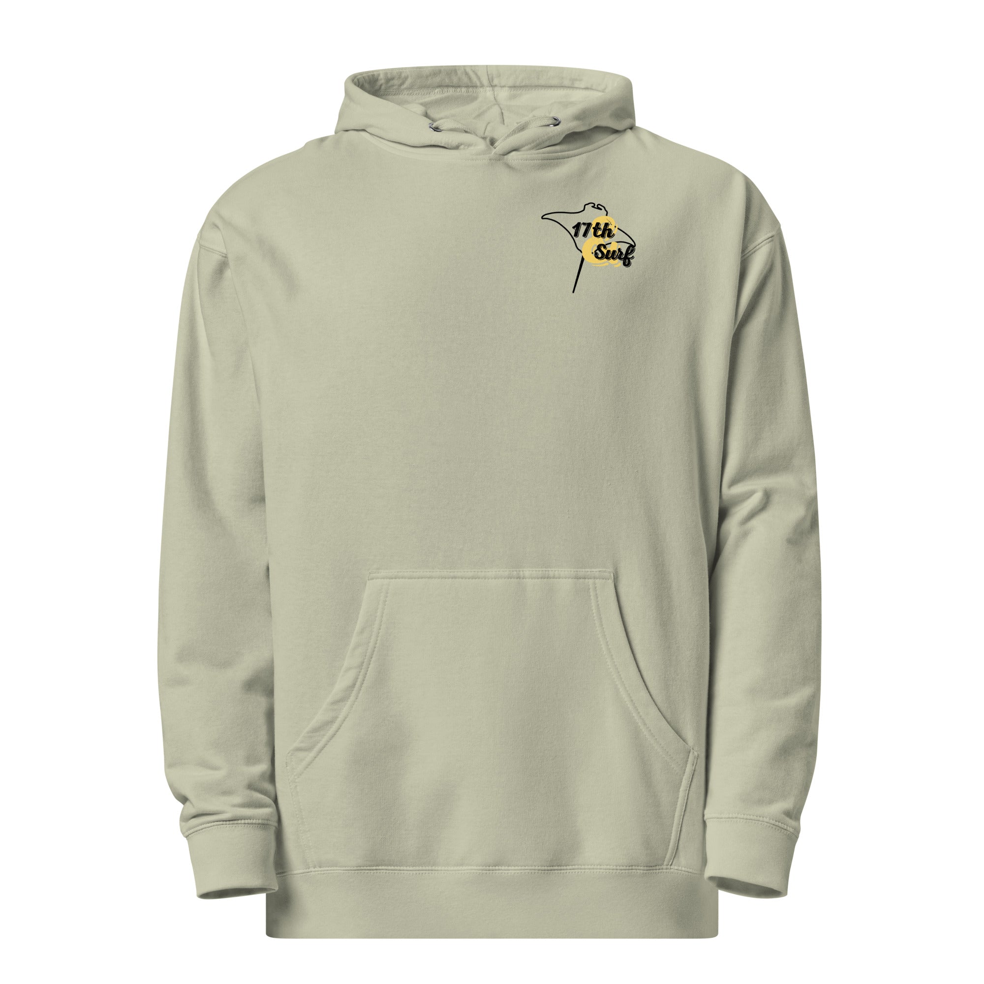"Resist The Siren's Call" garment-dyed heavyweight hoodie in dusty sage, front flat lay with black and yellow "17th & Surf" manta ray chest logo – 17th & Surf