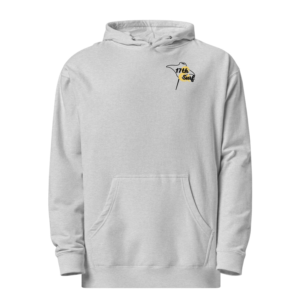 "Resist The Siren's Call" garment-dyed heavyweight hoodie in grey heather, front flat lay with black and yellow "17th & Surf" manta ray chest logo – 17th & Surf