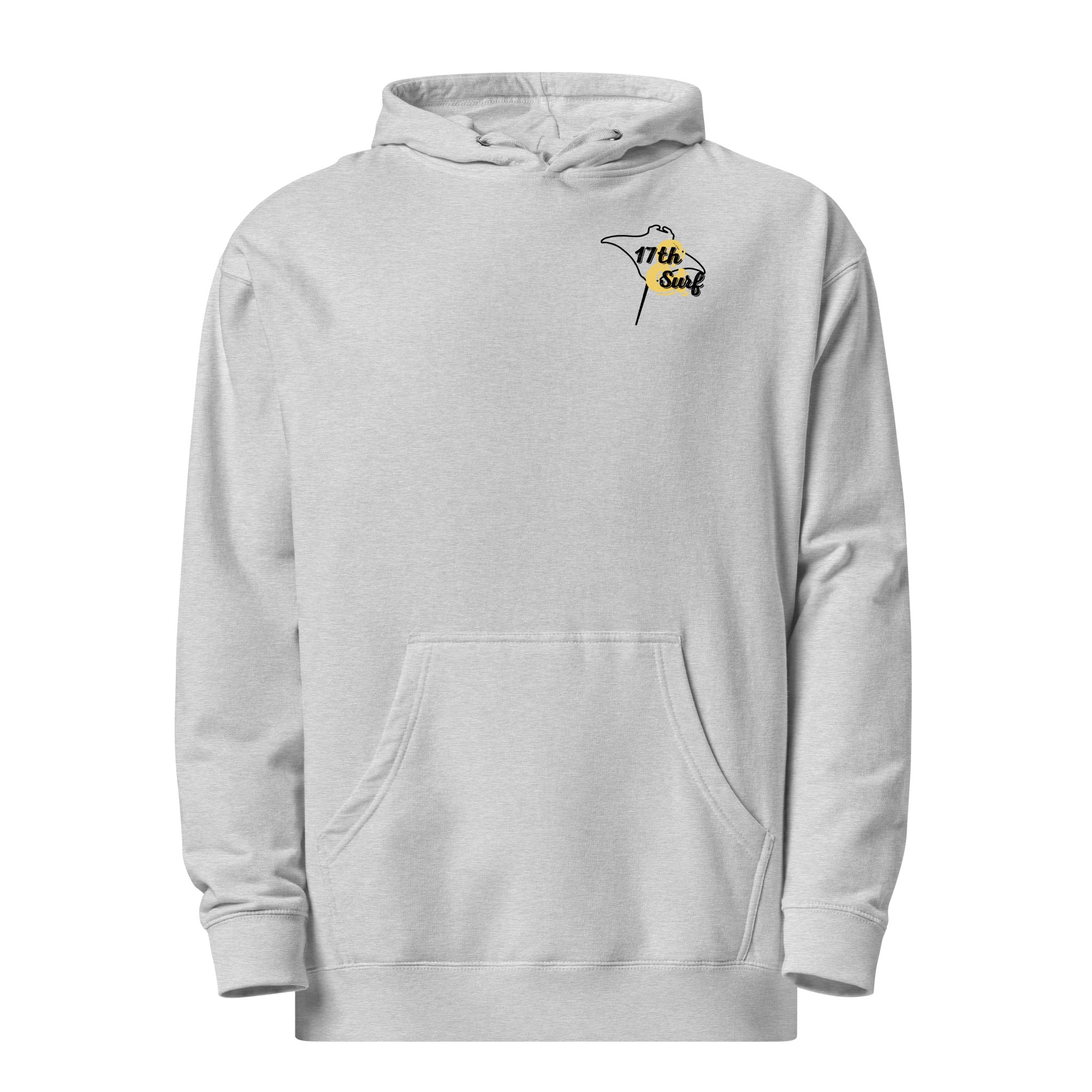 "Resist The Siren's Call" garment-dyed heavyweight hoodie in grey heather, front flat lay with black and yellow "17th & Surf" manta ray chest logo – 17th & Surf