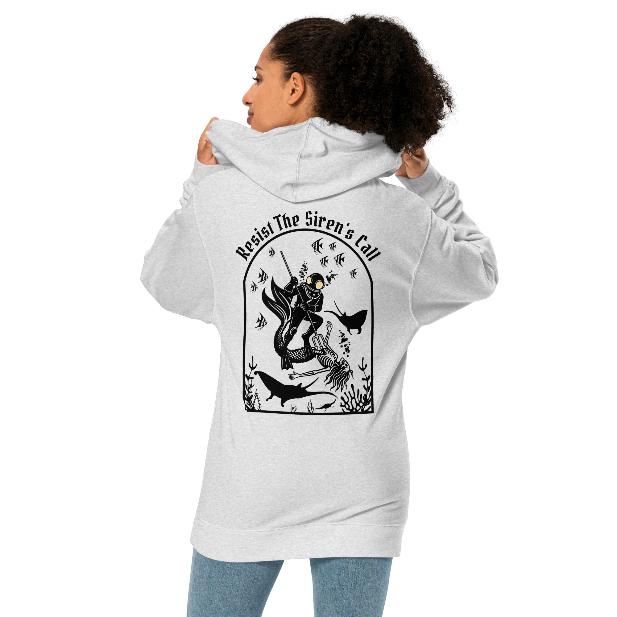 Model wearing "Resist The Siren's Call" garment-dyed heavyweight hoodie in grey heather, back angle view featuring black arched graphic of a deep-sea diver spearing a mermaid skeleton surrounded by fish and manta rays – 17th & Surf