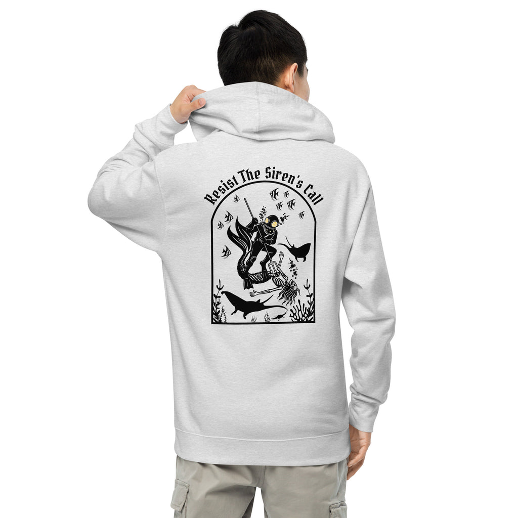 Model wearing "Resist The Siren's Call" garment-dyed heavyweight hoodie in grey heather, back view featuring black arched graphic of a deep-sea diver spearing a mermaid skeleton surrounded by fish and manta rays – 17th & Surf