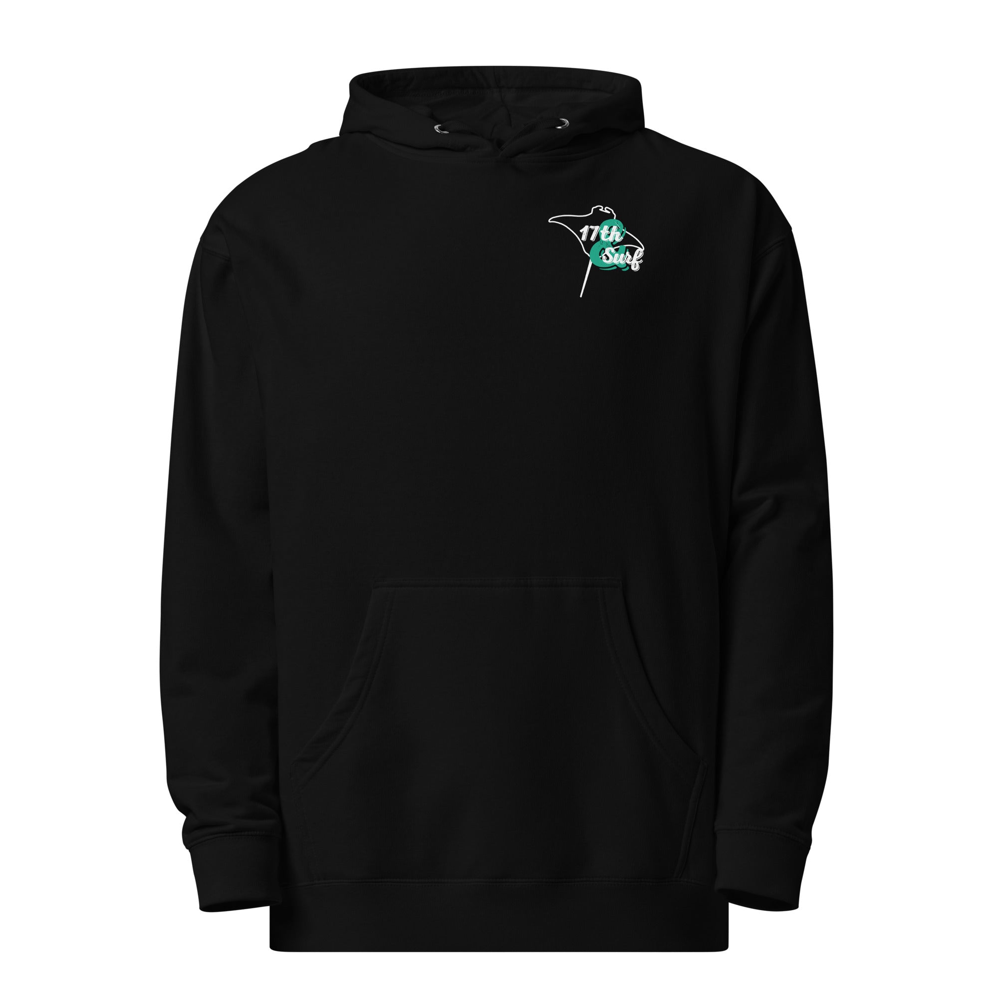 "Resist The Siren's Call" garment-dyed heavyweight hoodie in black, front flat lay with white and teal "17th & Surf" manta ray chest logo – 17th & Surf