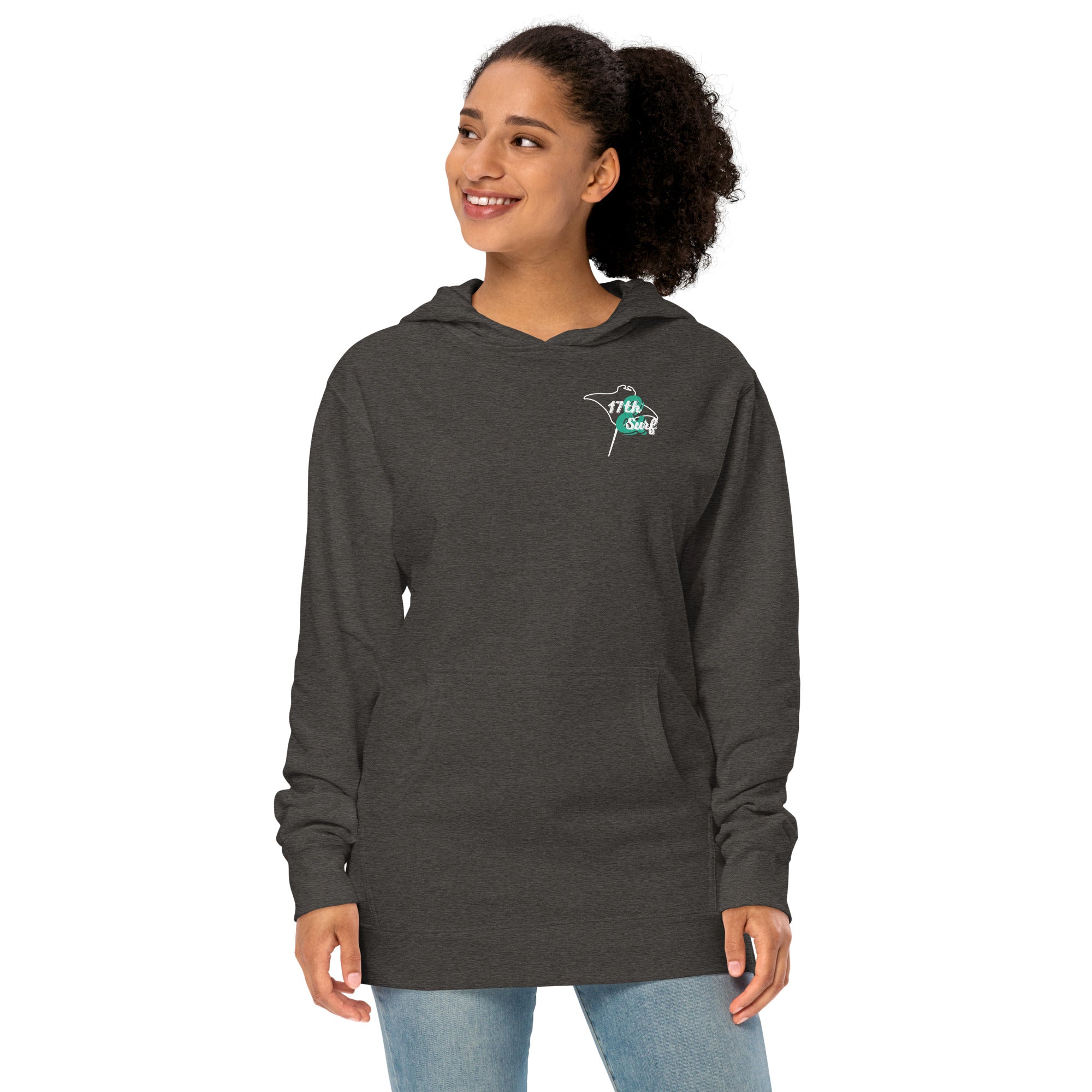 Model wearing "Resist The Siren's Call" garment-dyed heavyweight hoodie in charcoal heather with white and teal "17th & Surf" manta ray chest logo, front angle view – 17th & Surf