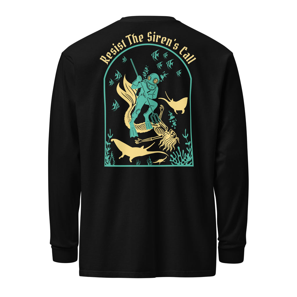 "Resist The Siren's Call" garment-dyed heavyweight long sleeve shirt back view in black featuring teal and gold arched graphic of a deep-sea diver spearing a mermaid skeleton surrounded by fish and manta rays – 17th & Surf