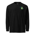 "Resist The Siren's Call" garment-dyed heavyweight long sleeve shirt front view in black with small teal and yellow "17th & Surf" manta ray chest logo – 17th & Surf