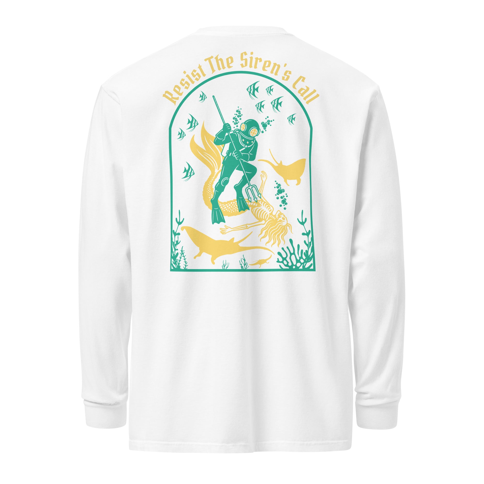 "Resist The Siren's Call" garment-dyed heavyweight long sleeve shirt back view in white featuring teal and yellow arched graphic of a deep-sea diver spearing a mermaid skeleton surrounded by fish and manta rays – 17th & Surf