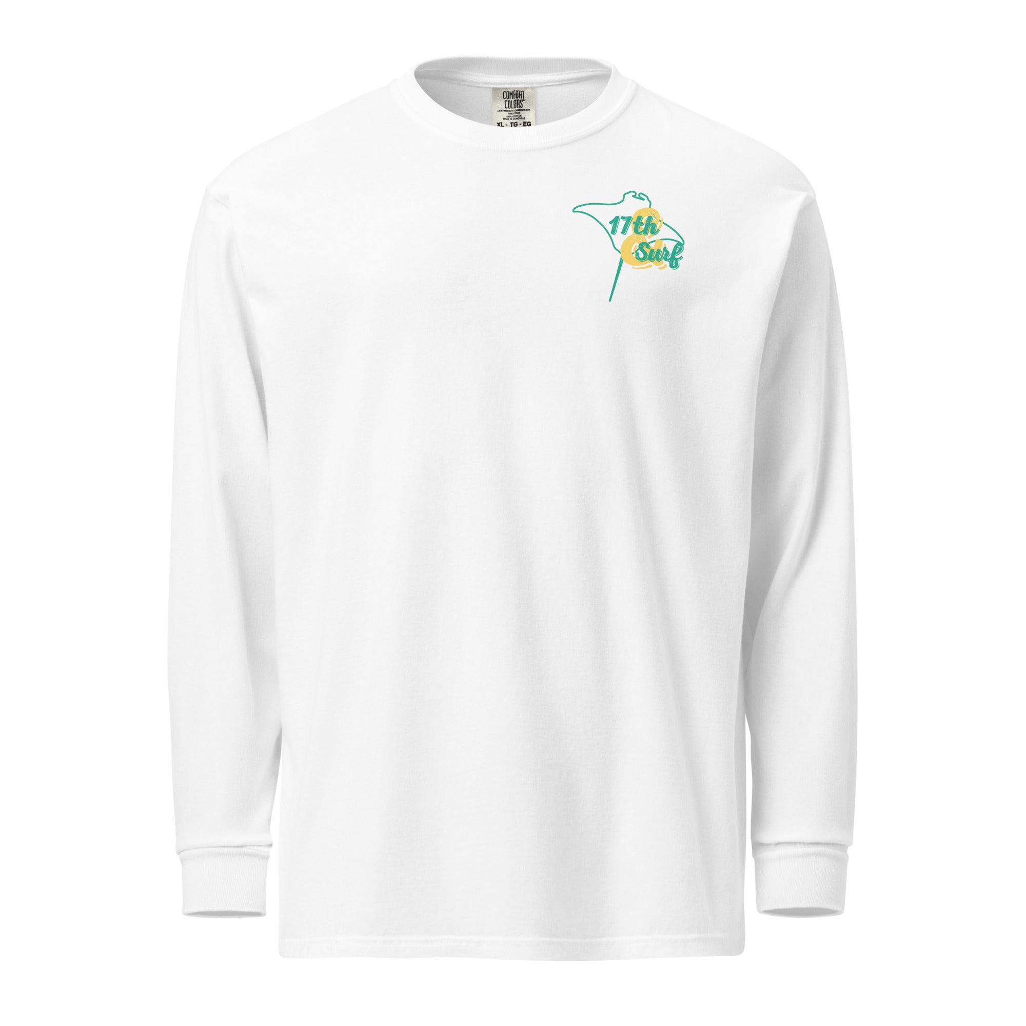 "Resist The Siren's Call" garment-dyed heavyweight long sleeve shirt front view in white with small teal and yellow "17th & Surf" manta ray chest logo – 17th & Surf