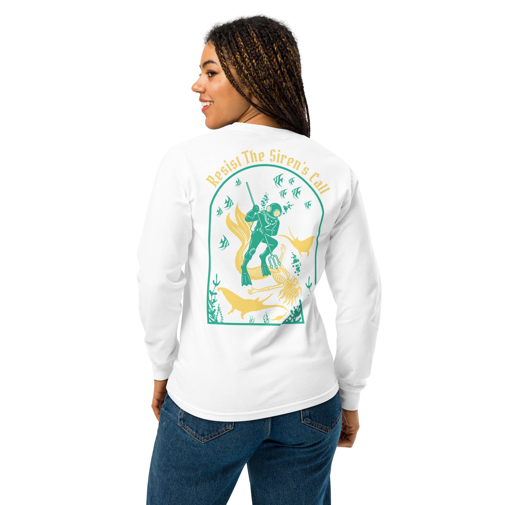 Model wearing "Resist The Siren's Call" garment-dyed heavyweight long sleeve shirt in white, back view featuring teal and yellow arched graphic of a deep-sea diver spearing a mermaid skeleton surrounded by fish and manta rays – 17th & Surf