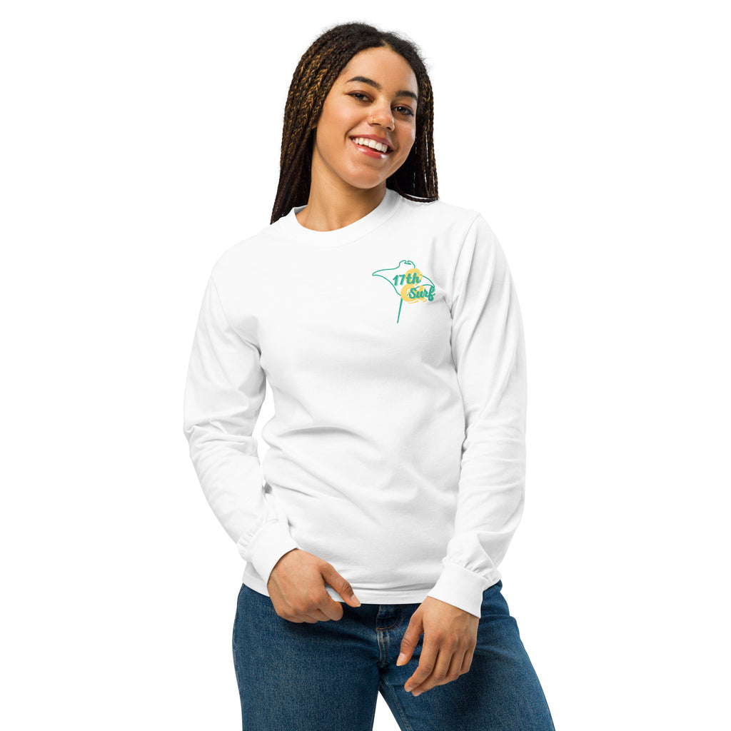 Model wearing "Resist The Siren's Call" garment-dyed heavyweight long sleeve shirt in white with small teal and yellow "17th & Surf" manta ray chest logo – 17th & Surf