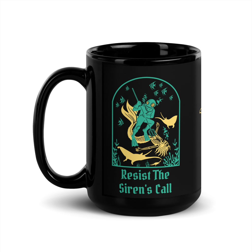 "Resist The Siren's Call" 15oz mug in black, handle-left view featuring teal and yellow arched graphic of a deep-sea diver spearing a mermaid skeleton surrounded by tropical fish and manta rays – 17th & Surf