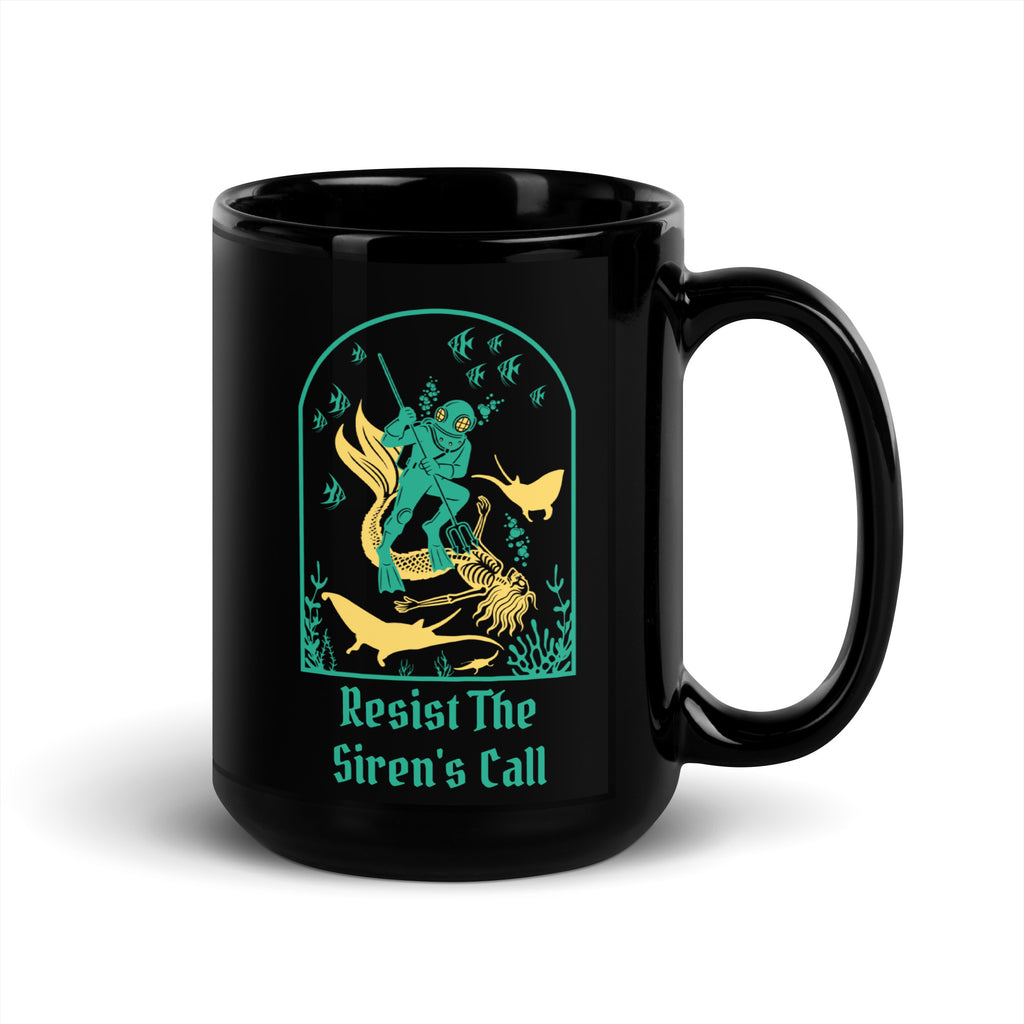 "Resist The Siren's Call" 15oz mug in black, handle-right view featuring teal and yellow arched graphic of a deep-sea diver spearing a mermaid skeleton surrounded by tropical fish and manta rays – 17th & Surf