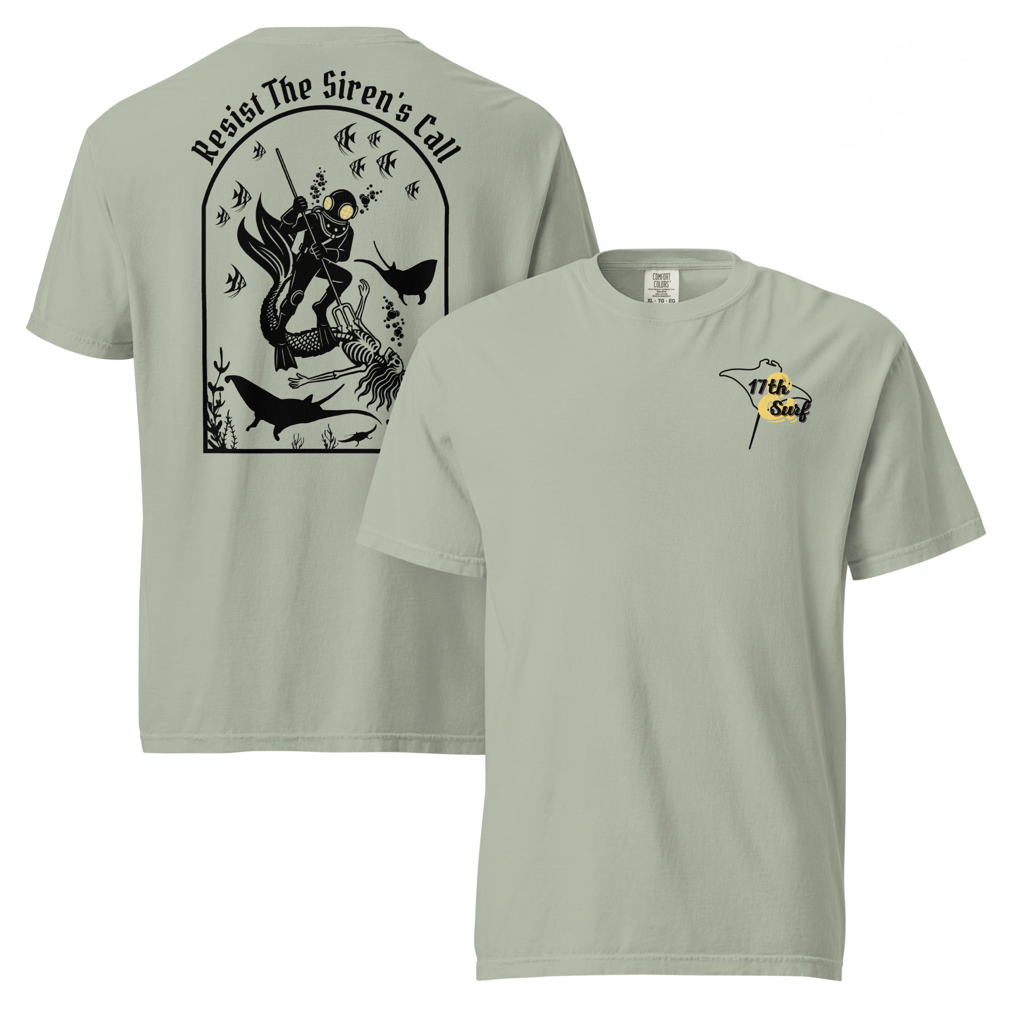 "Resist The Siren's Call" black print garment-dyed heavyweight t-shirt in sage bay green, front and back flat lay featuring black arched graphic of a deep-sea diver spearing a mermaid skeleton surrounded by fish and manta rays on back and black and yellow "17th & Surf" manta ray logo on front – 17th & Surf