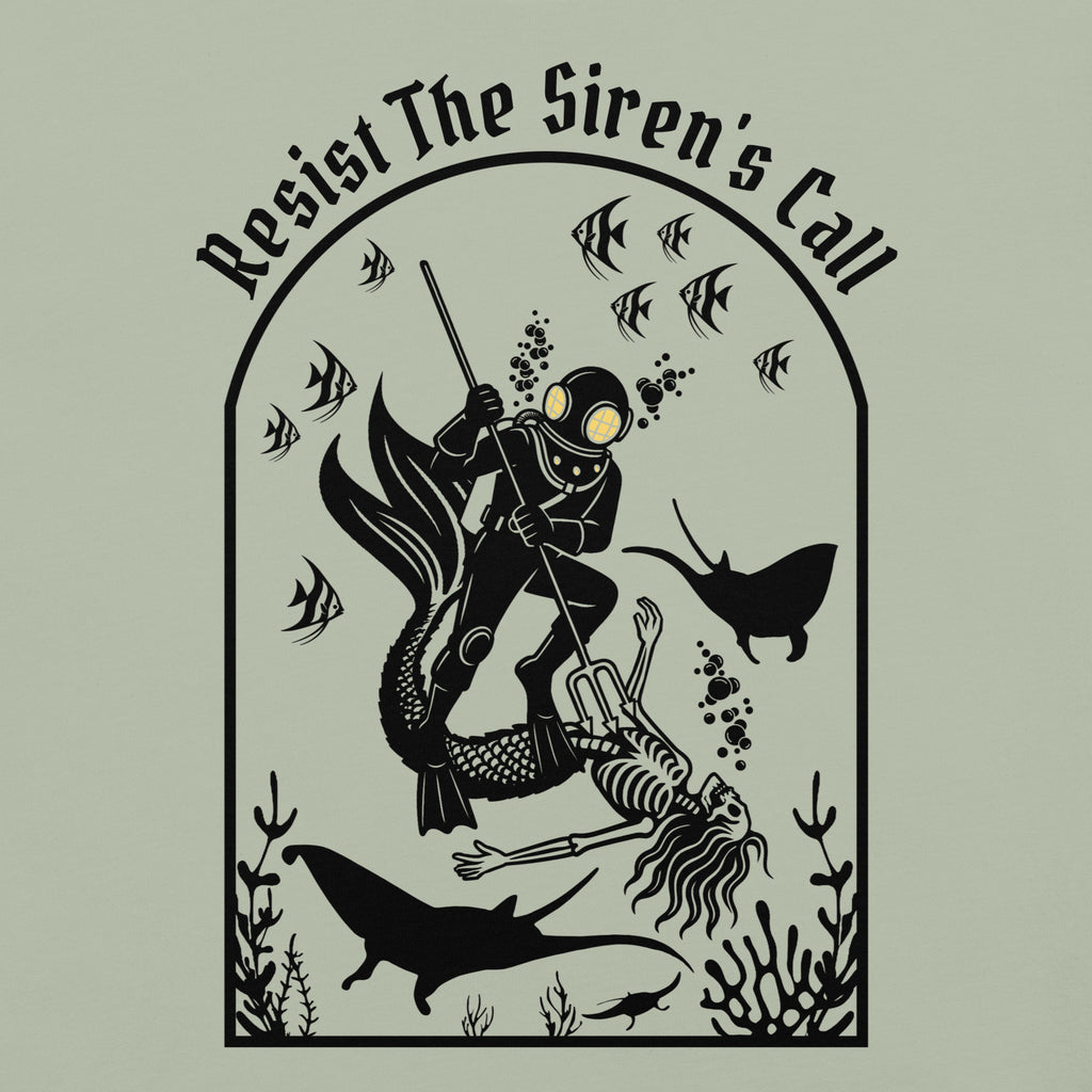 Model wearing "Resist The Siren's Call" black print garment-dyed heavyweight t-shirt in sage bay green, back second angle view featuring black arched graphic of a deep-sea diver spearing a mermaid skeleton surrounded by fish and manta rays – 17th & Surf