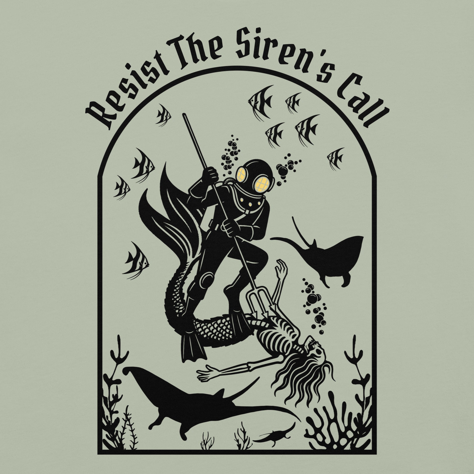 Model wearing "Resist The Siren's Call" black print garment-dyed heavyweight t-shirt in sage bay green, back second angle view featuring black arched graphic of a deep-sea diver spearing a mermaid skeleton surrounded by fish and manta rays – 17th & Surf