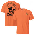 "Resist The Siren's Call" black print garment-dyed heavyweight t-shirt in burnt orange, front and back flat lay featuring black arched graphic of a deep-sea diver spearing a mermaid skeleton surrounded by fish and manta rays on back and black and yellow "17th & Surf" manta ray logo on front – 17th & Surf