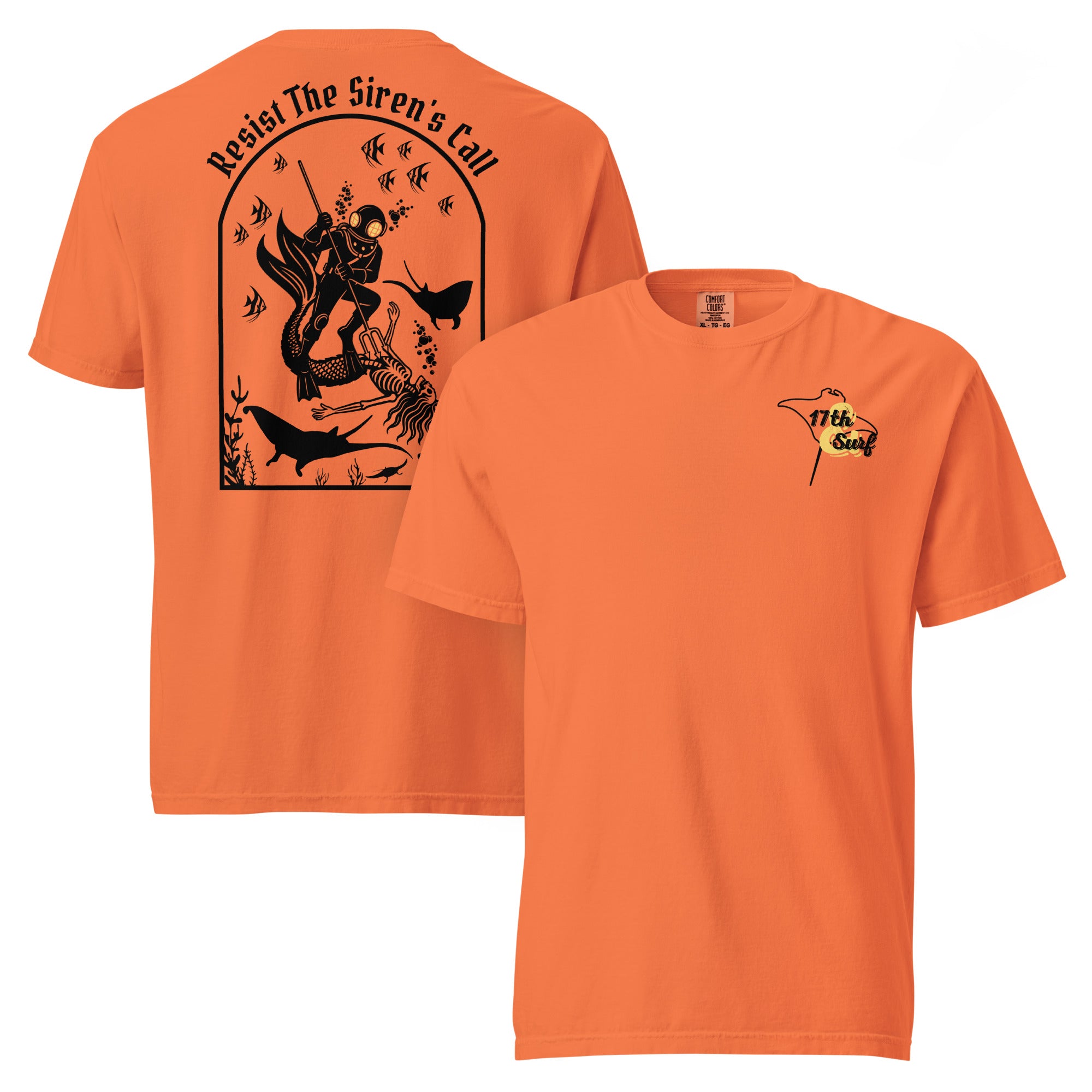"Resist The Siren's Call" black print garment-dyed heavyweight t-shirt in burnt orange, front and back flat lay featuring black arched graphic of a deep-sea diver spearing a mermaid skeleton surrounded by fish and manta rays on back and black and yellow "17th & Surf" manta ray logo on front – 17th & Surf