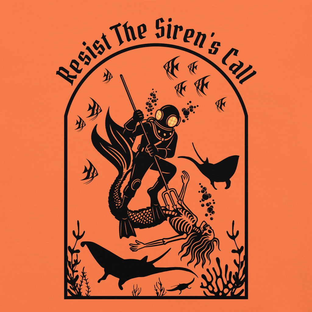 Model wearing "Resist The Siren's Call" black print garment-dyed heavyweight t-shirt in burnt orange, back second angle view featuring black arched graphic of a deep-sea diver spearing a mermaid skeleton surrounded by fish and manta rays – 17th & Surf