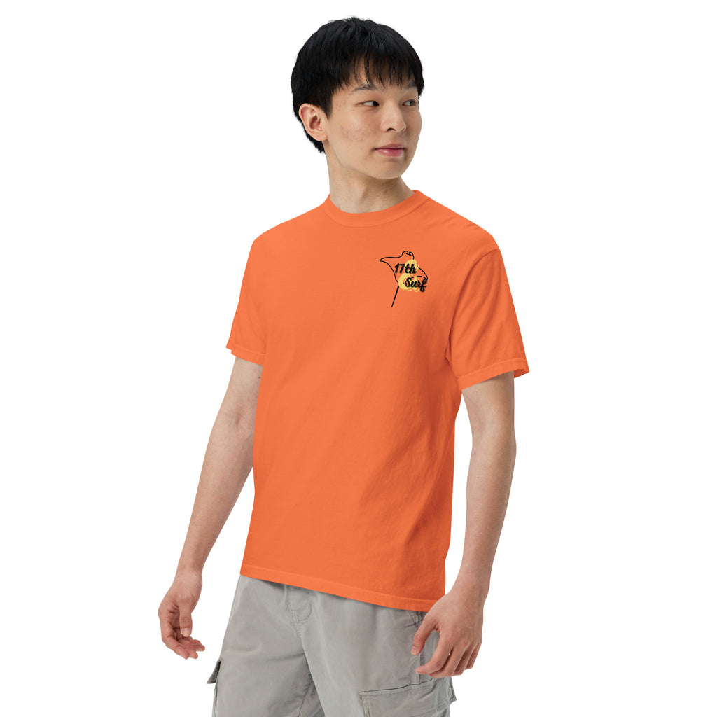 Model wearing "Resist The Siren's Call" black print garment-dyed heavyweight t-shirt in burnt orange with black and yellow "17th & Surf" manta ray chest logo – 17th & Surf