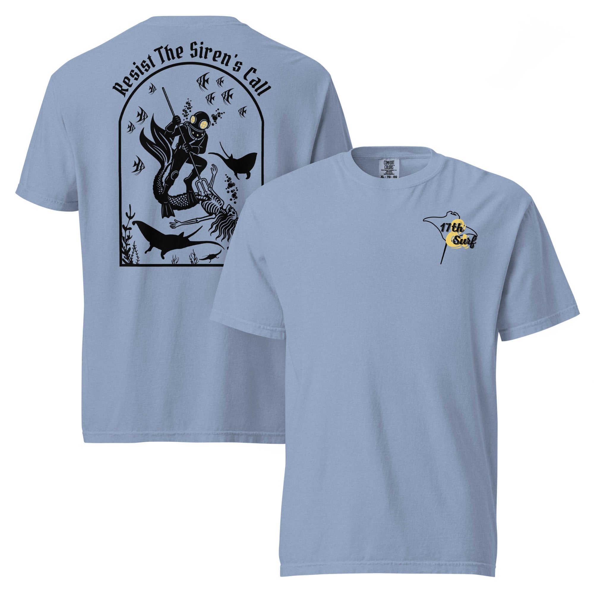 "Resist The Siren's Call" black print garment-dyed heavyweight t-shirt in washed denim blue, front and back flat lay featuring black arched graphic of a deep-sea diver spearing a mermaid skeleton surrounded by fish and manta rays on back and black and yellow "17th & Surf" manta ray logo on front – 17th & Surf