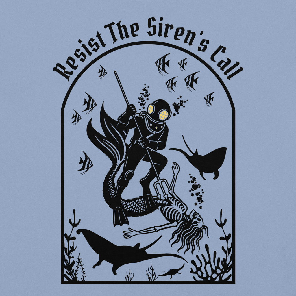 Model wearing "Resist The Siren's Call" black print garment-dyed heavyweight t-shirt in washed denim blue, back second angle view featuring black arched graphic of a deep-sea diver spearing a mermaid skeleton surrounded by fish and manta rays – 17th & Surf